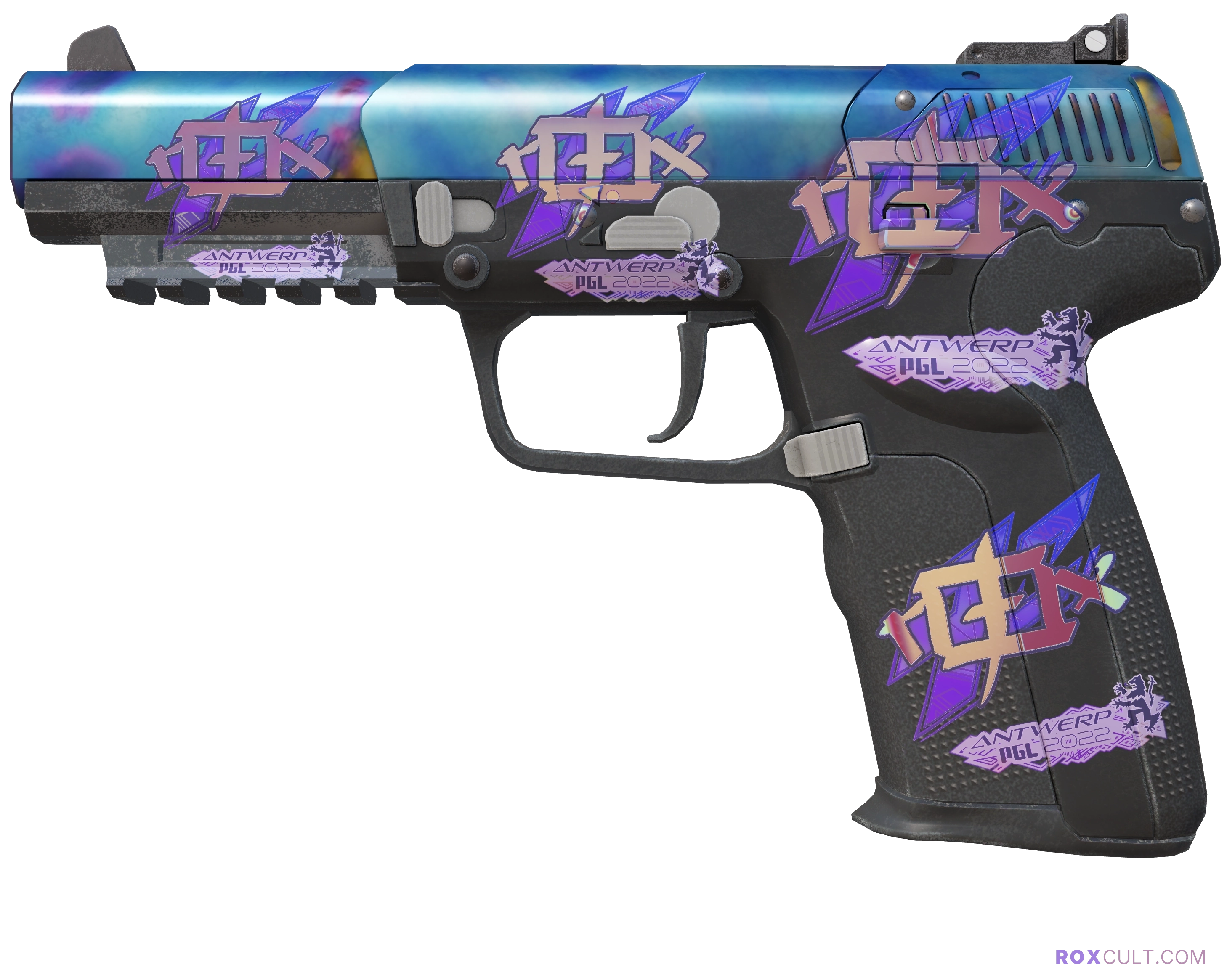 Five-SeveN | Case Hardened (Minimal Wear) — rox (Holo) Antwerp 2022 craft, playside view with 4 rox (Holo) stickers