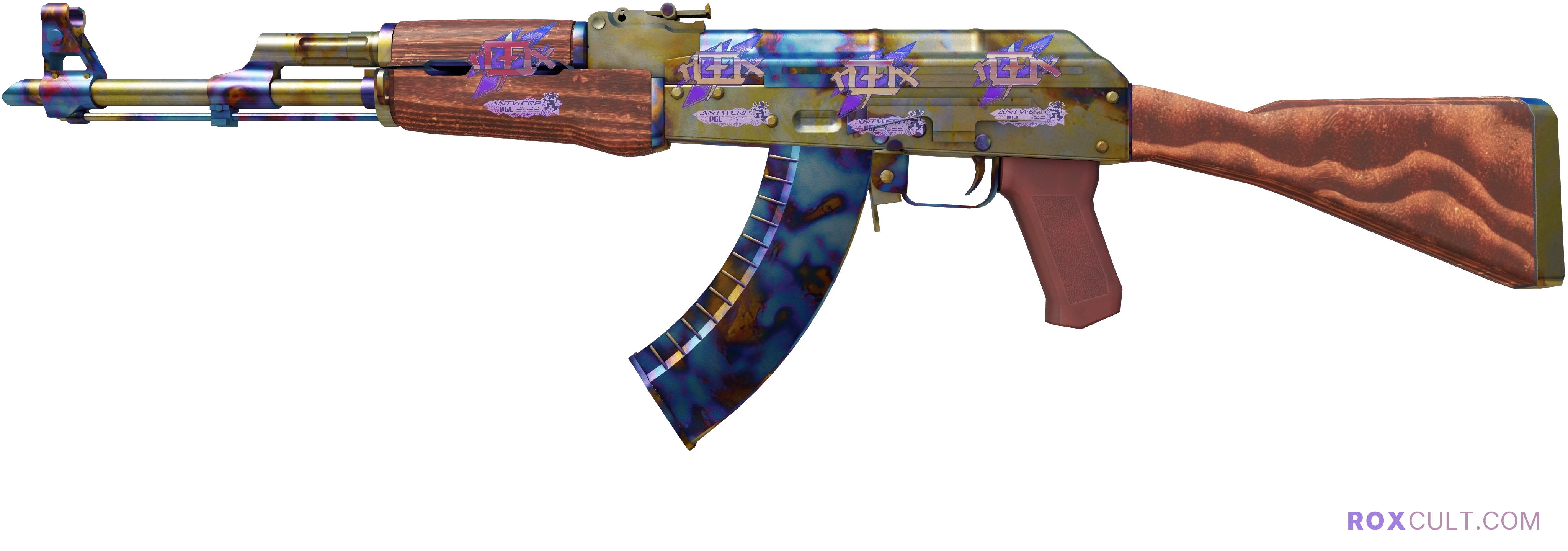 AK-47 | Case Hardened (Minimal Wear) — rox (Holo) Antwerp 2022 craft, playside view with 4 rox (Holo) stickers