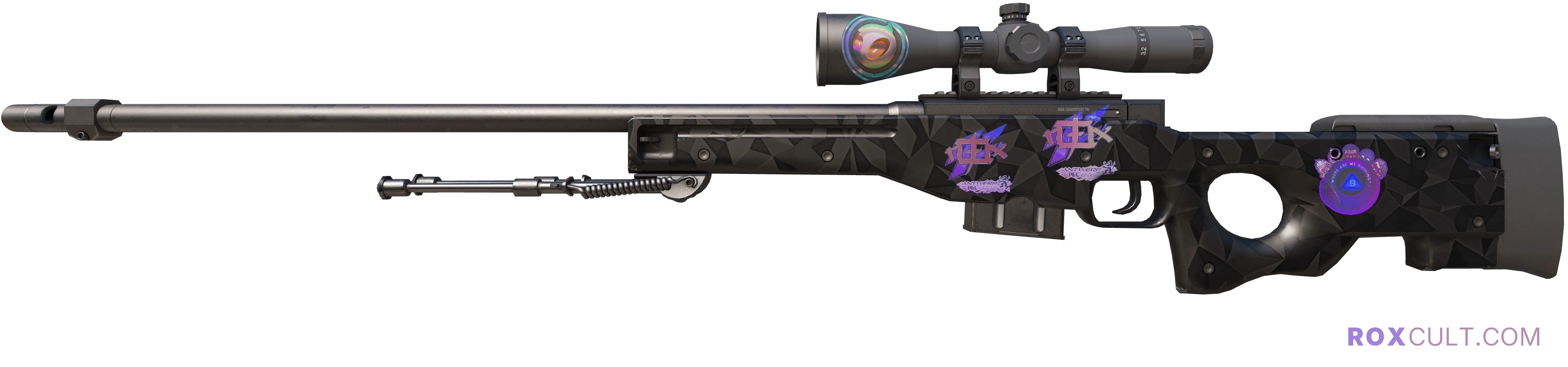 AWP | Graphite (Factory New) — rox (Holo) Antwerp 2022 craft, playside view with 2 rox (Holo) stickers