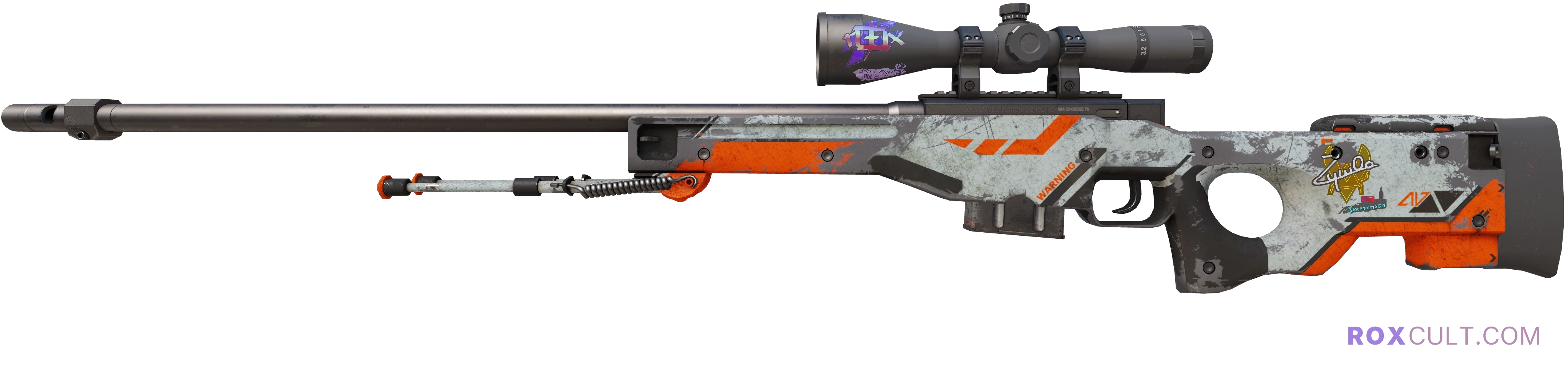 AWP | Asiimov (Battle-Scarred) — rox (Holo) Antwerp 2022 craft, playside view with 1 rox (Holo) sticker