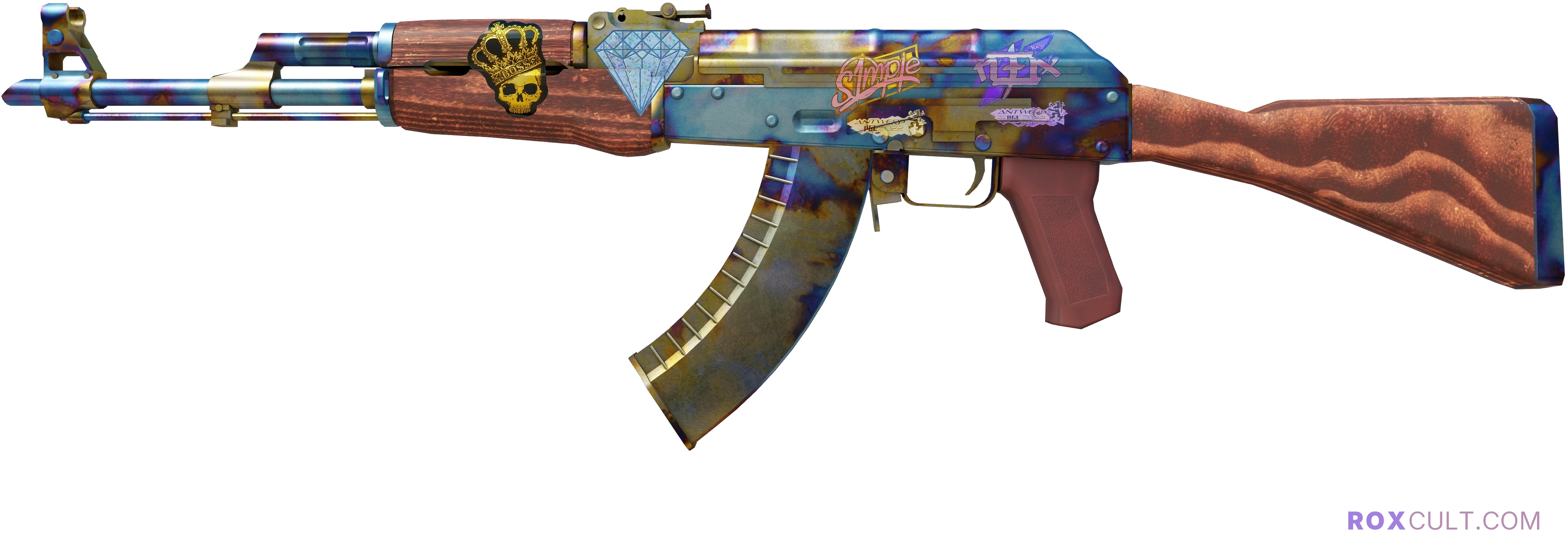AK-47 | Case Hardened (Field-Tested) — rox (Holo) Antwerp 2022 craft, playside view with 1 rox (Holo) sticker