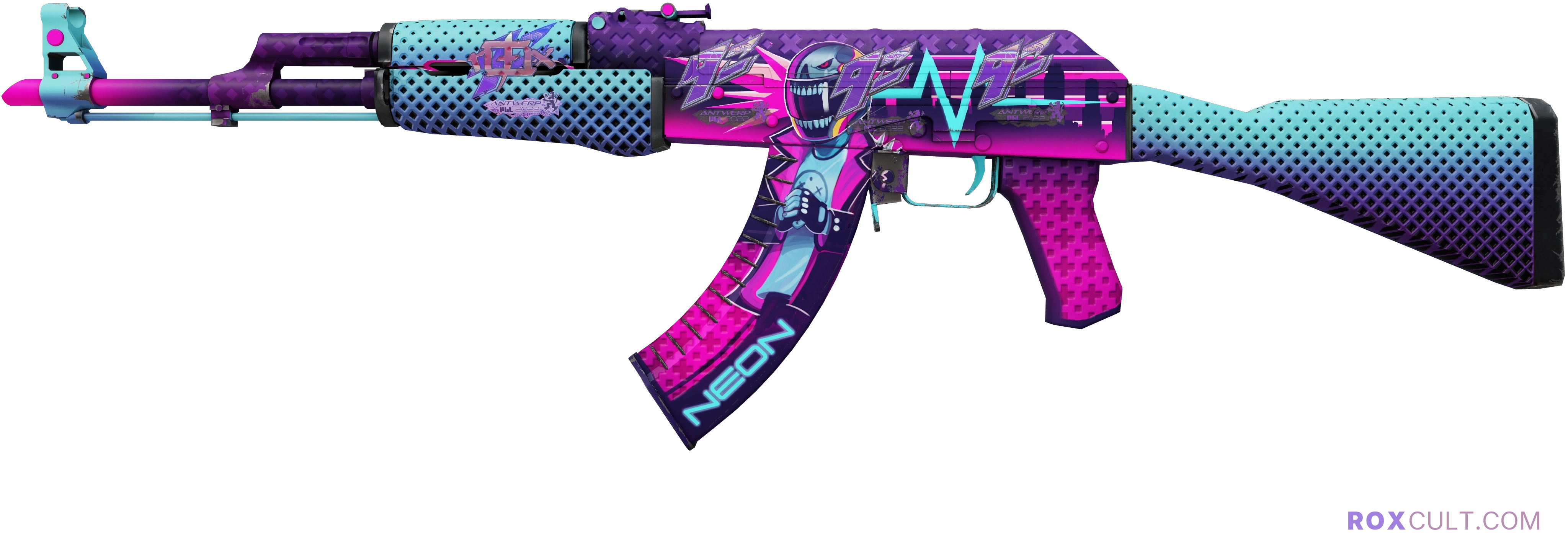 AK-47 | Neon Rider (Factory New) — rox (Holo) Antwerp 2022 craft, playside view with 1 rox (Holo) sticker