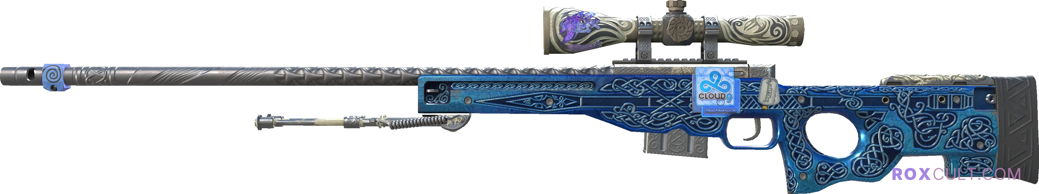 AWP | Gungnir (Battle-Scarred) — rox (Holo) Antwerp 2022 craft, playside view with 1 rox (Holo) sticker