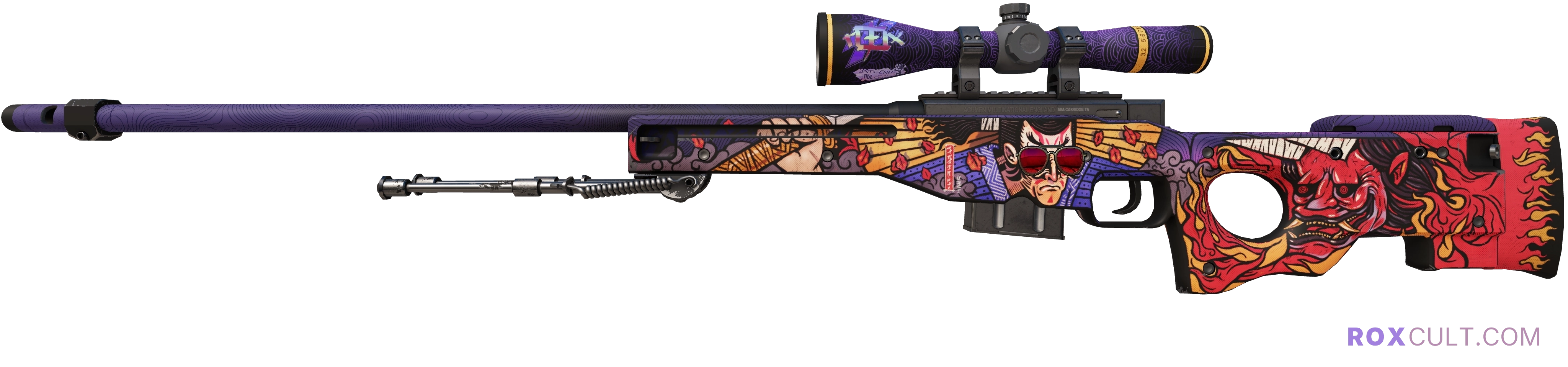 AWP | Oni Taiji (Factory New) — rox (Holo) Antwerp 2022 craft, playside view with 1 rox (Holo) sticker
