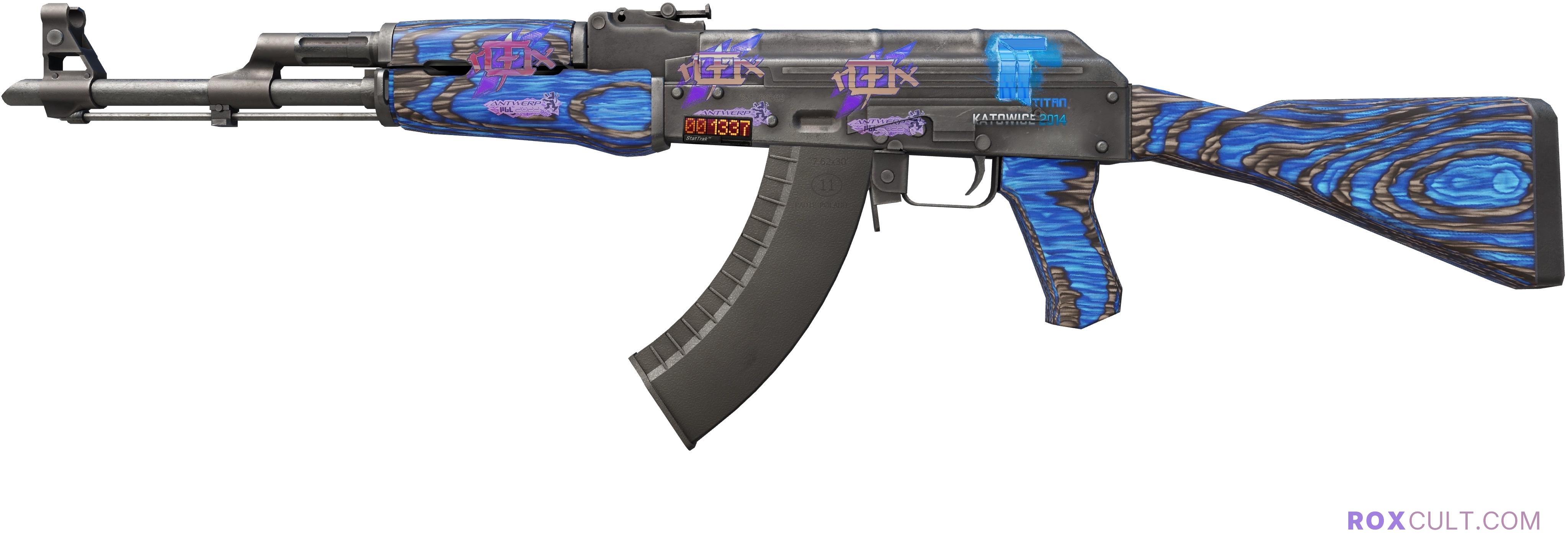 StatTrak™ AK-47 | Blue Laminate (Field-Tested) — rox (Holo) Antwerp 2022 craft, playside view with 3 rox (Holo) stickers