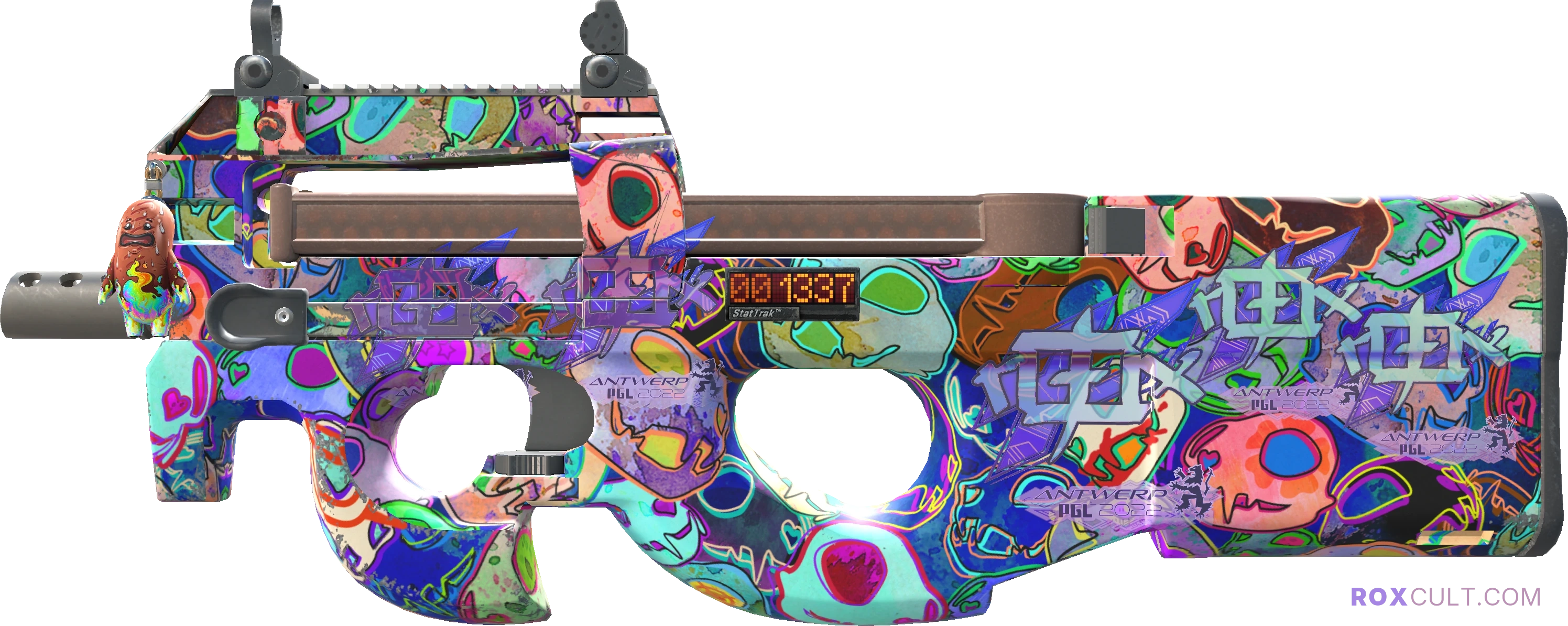 StatTrak™ P90 | Death by Kitty (Minimal Wear) — rox (Holo) Antwerp 2022 craft, playside view with 5 rox (Holo) stickers