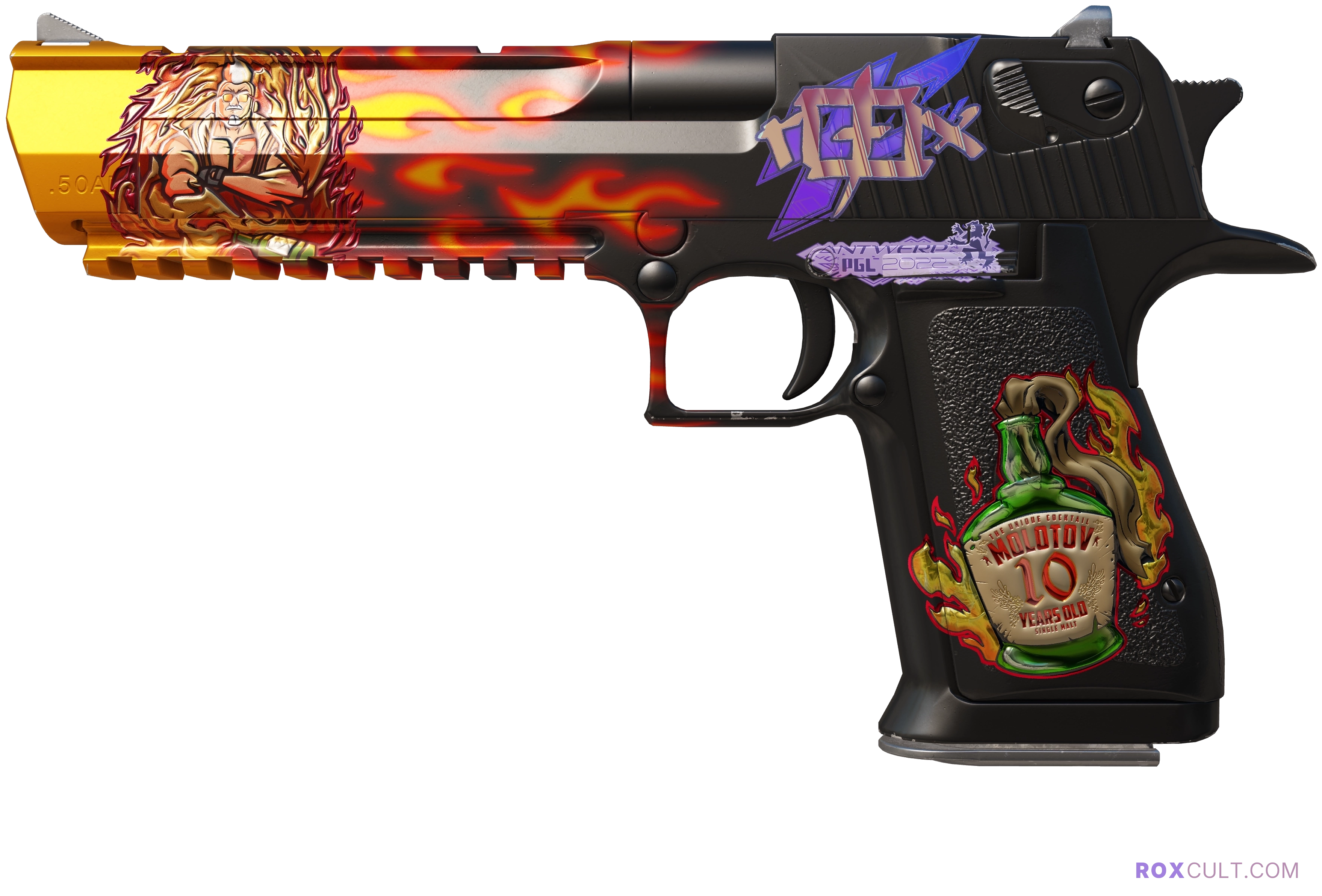 Desert Eagle | Blaze (Factory New) — rox (Holo) Antwerp 2022 craft, playside view with 1 rox (Holo) sticker