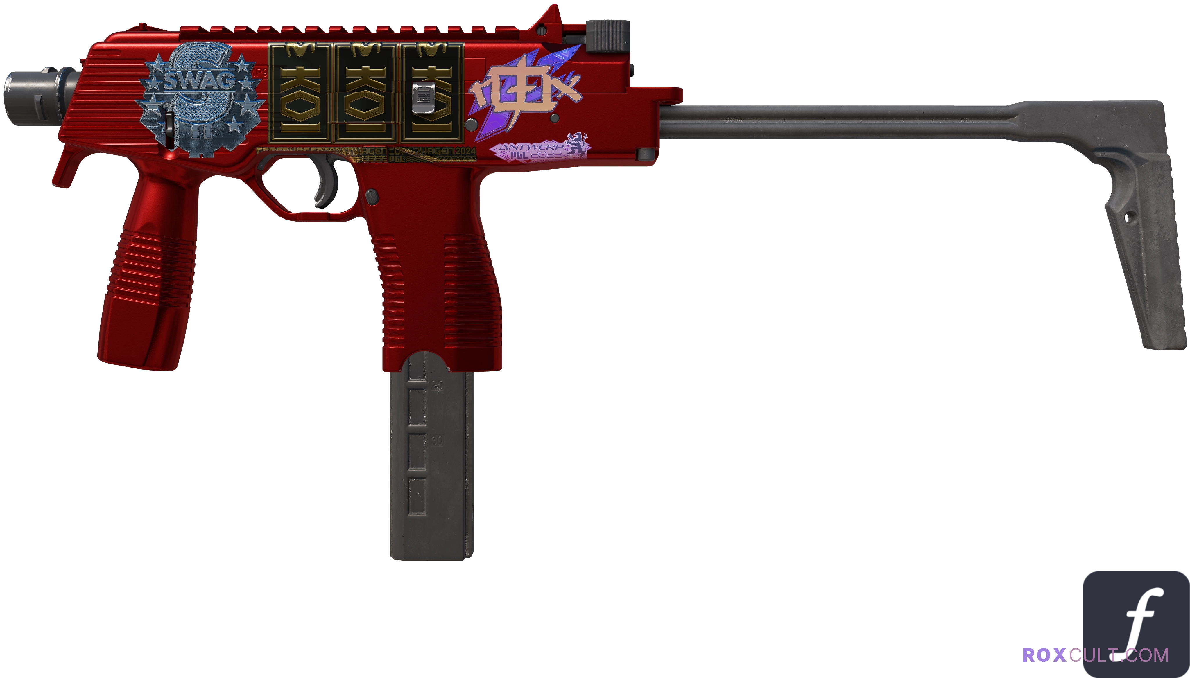 MP9 | Hot Rod (Factory New) — rox (Holo) Antwerp 2022 craft, playside view with 1 rox (Holo) sticker