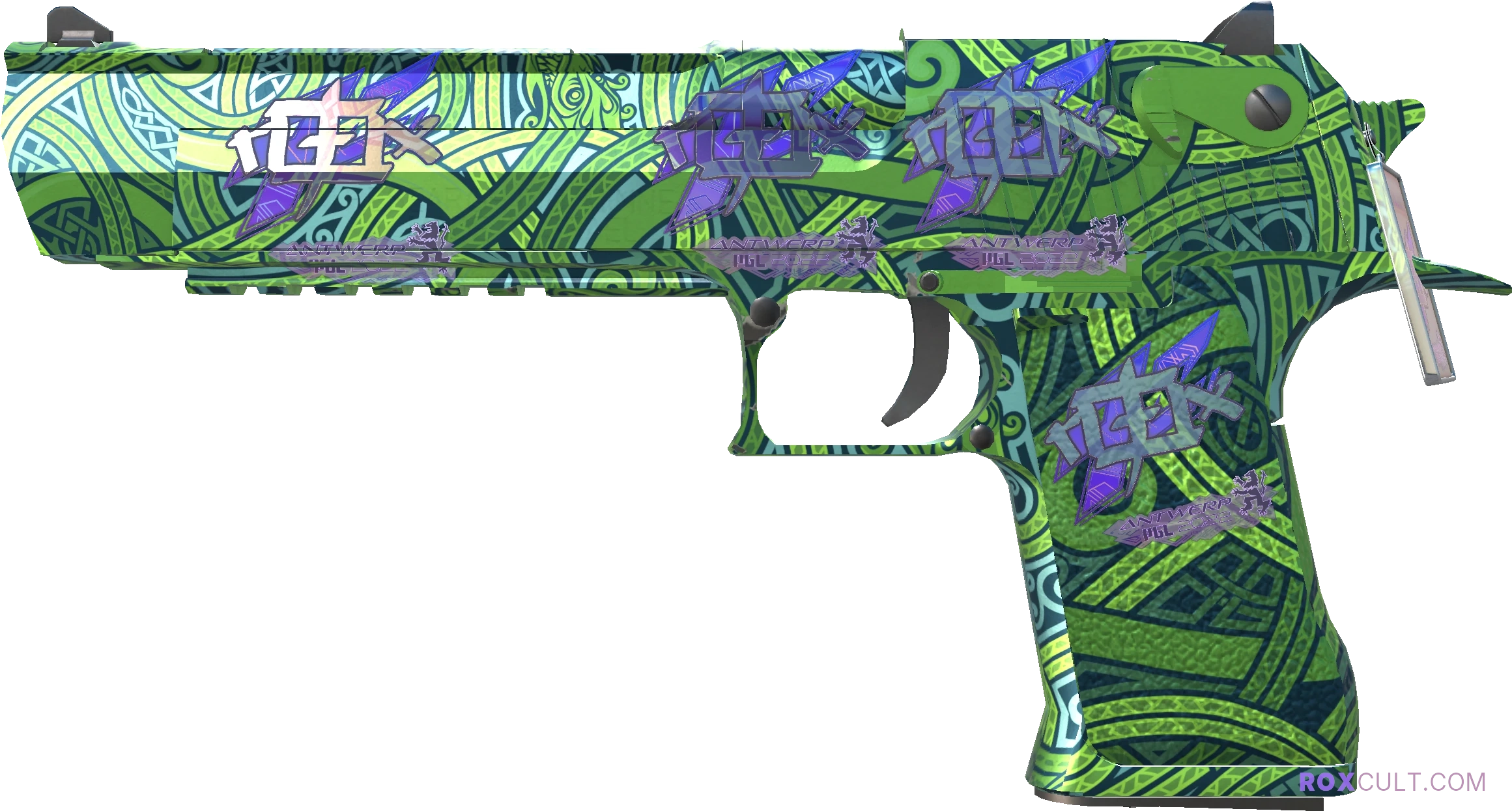 Desert Eagle | Emerald Jörmungandr (Factory New) — rox (Holo) Antwerp 2022 craft, playside view with 4 rox (Holo) stickers