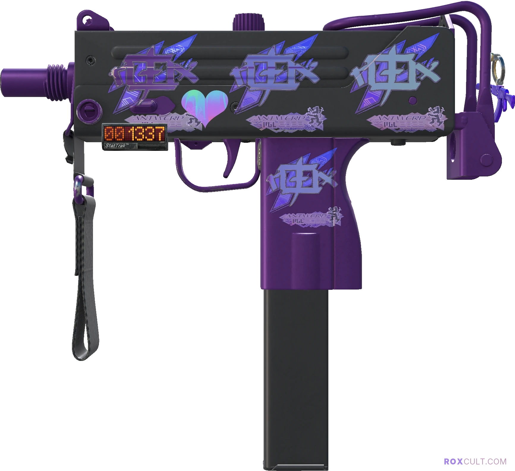 StatTrak™ MAC-10 | Ultraviolet (Factory New) — rox (Holo) Antwerp 2022 craft, playside view with 4 rox (Holo) stickers