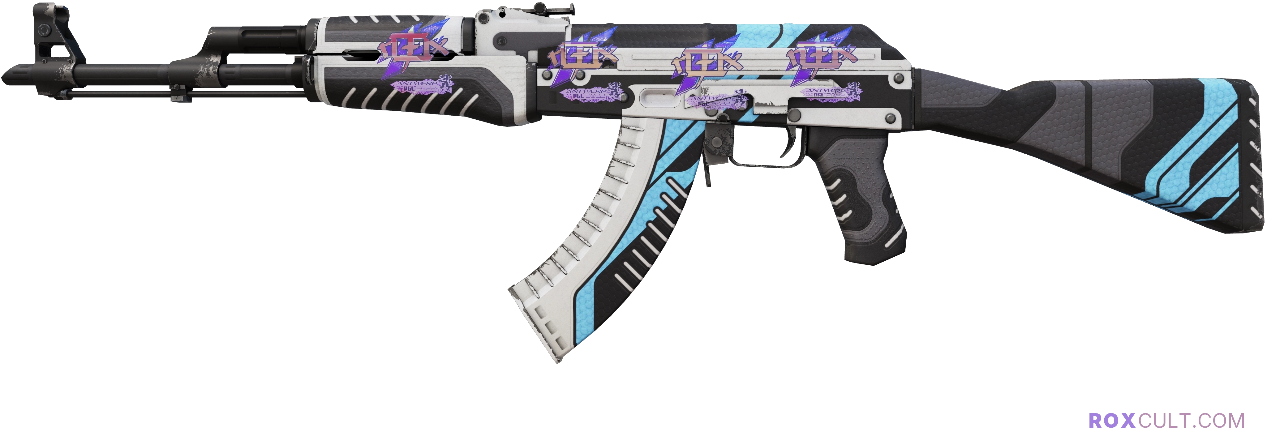 AK-47 | Vulcan (Minimal Wear) — rox (Holo) Antwerp 2022 craft, playside view with 4 rox (Holo) stickers