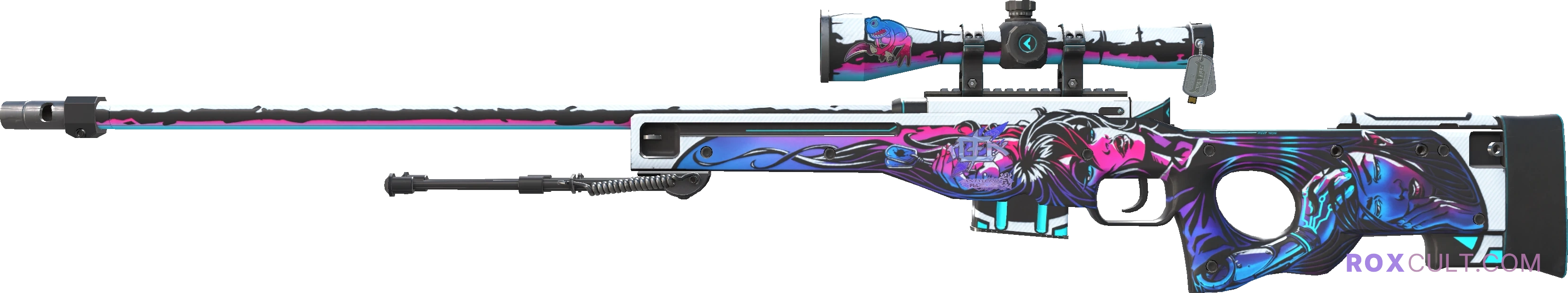 AWP | Neo-Noir (Minimal Wear) — rox (Holo) Antwerp 2022 craft, playside view with 1 rox (Holo) sticker