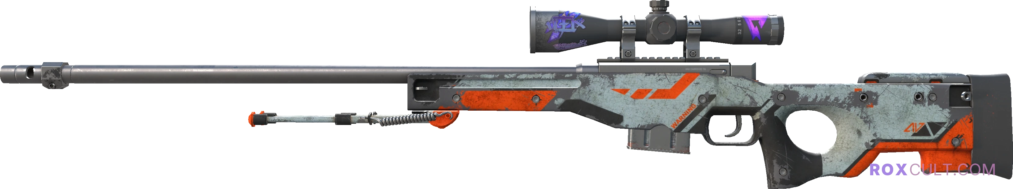 AWP | Asiimov (Battle-Scarred) — rox (Holo) Antwerp 2022 craft, playside view with 1 rox (Holo) sticker