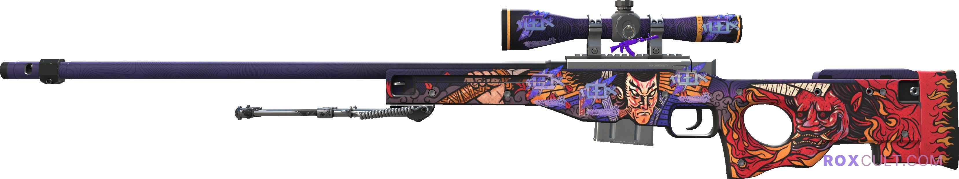AWP | Oni Taiji (Factory New) — rox (Holo) Antwerp 2022 craft, playside view with 5 rox (Holo) stickers