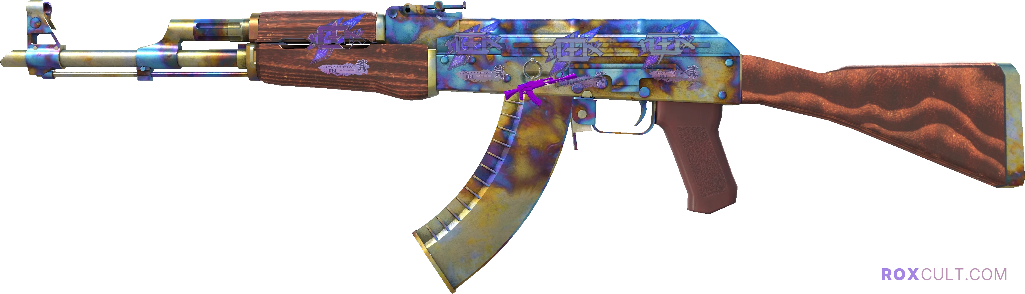 AK-47 | Case Hardened (Field-Tested) — rox (Holo) Antwerp 2022 craft, playside view with 4 rox (Holo) stickers