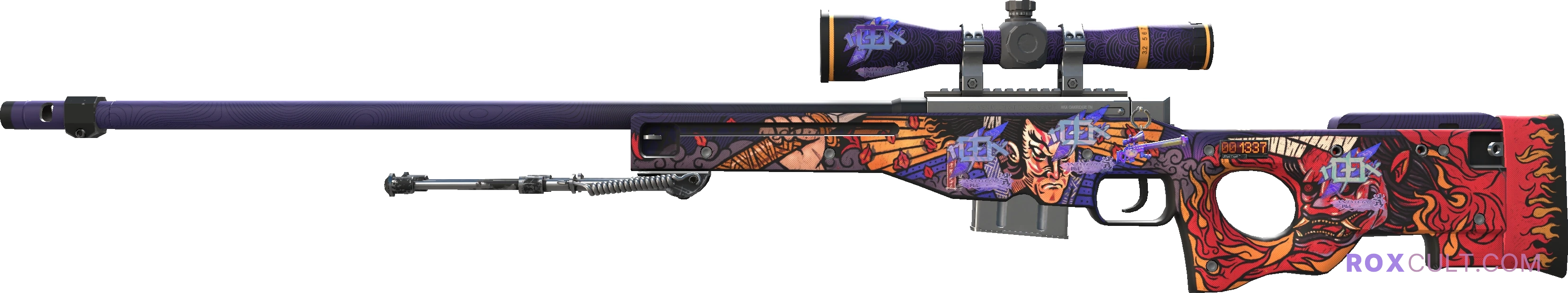 StatTrak™ AWP | Oni Taiji (Factory New) — rox (Holo) Antwerp 2022 craft, playside view with 4 rox (Holo) stickers