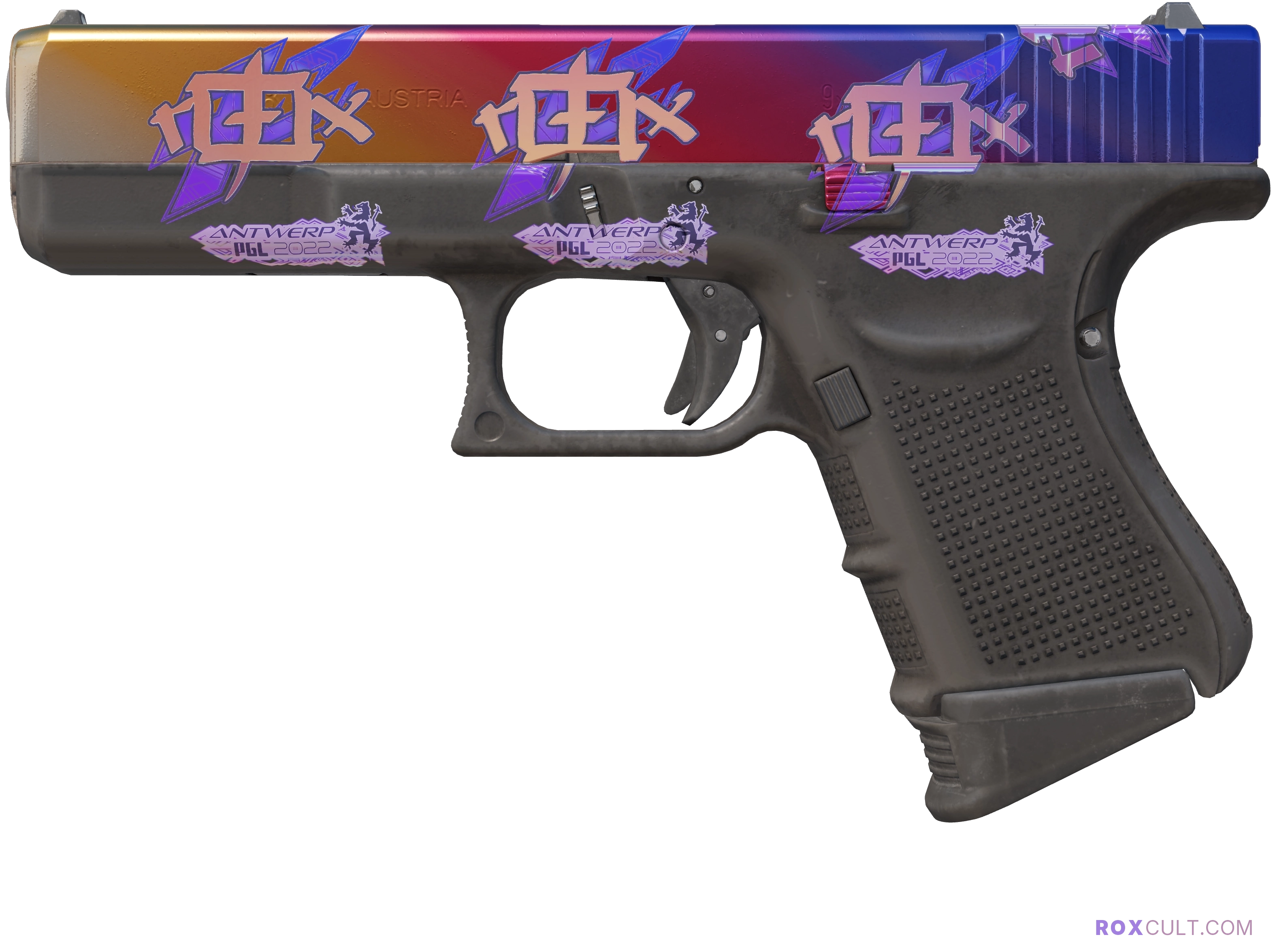 Glock-18 | Fade (Factory New) — rox (Holo) Antwerp 2022 craft, playside view with 4 rox (Holo) stickers