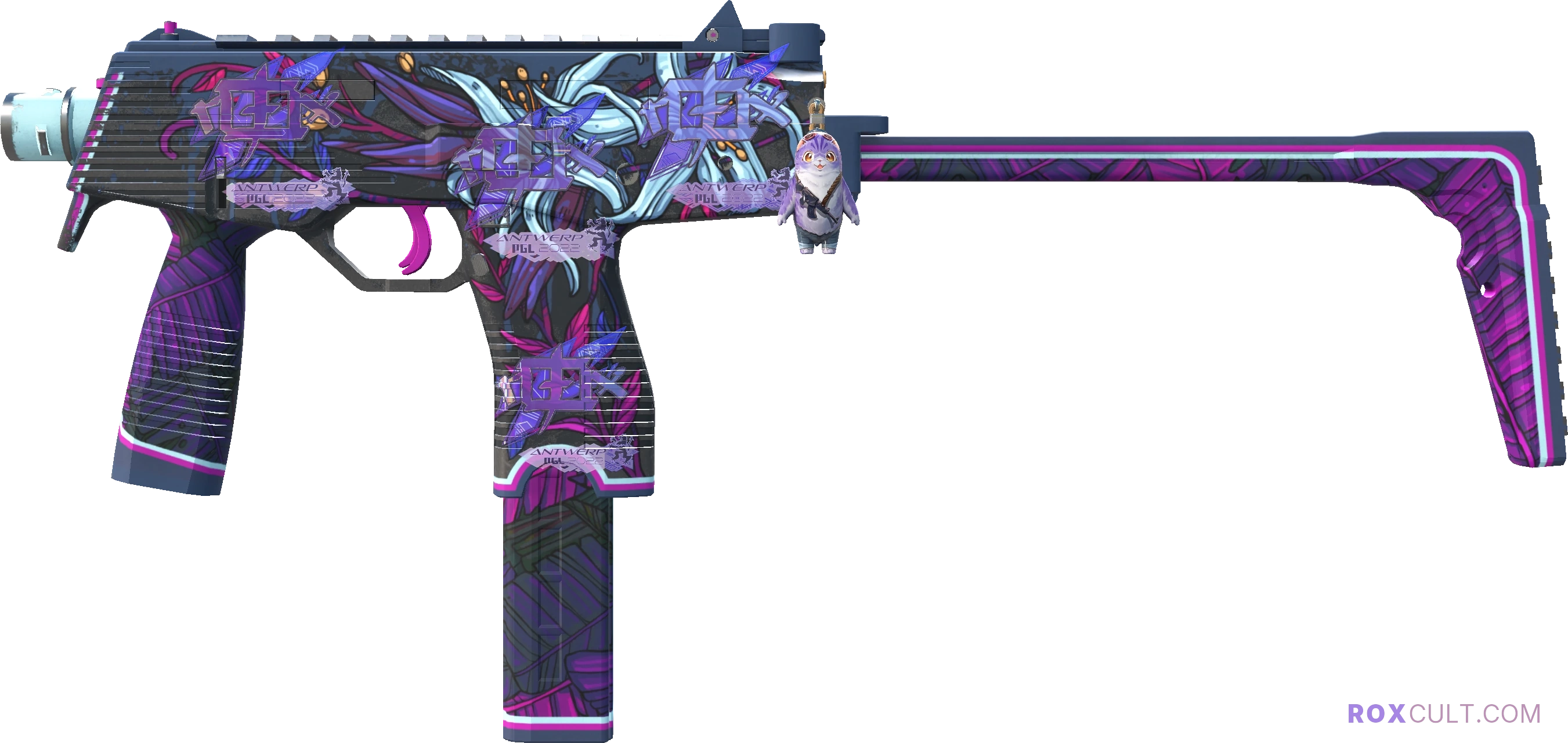 MP9 | Wild Lily (Minimal Wear) — rox (Holo) Antwerp 2022 craft, playside view with 4 rox (Holo) stickers