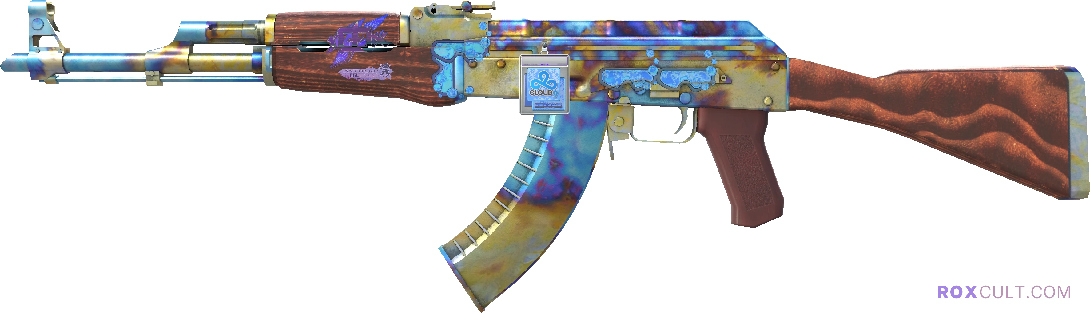 AK-47 | Case Hardened (Field-Tested) — rox (Holo) Antwerp 2022 craft, playside view with 1 rox (Holo) sticker