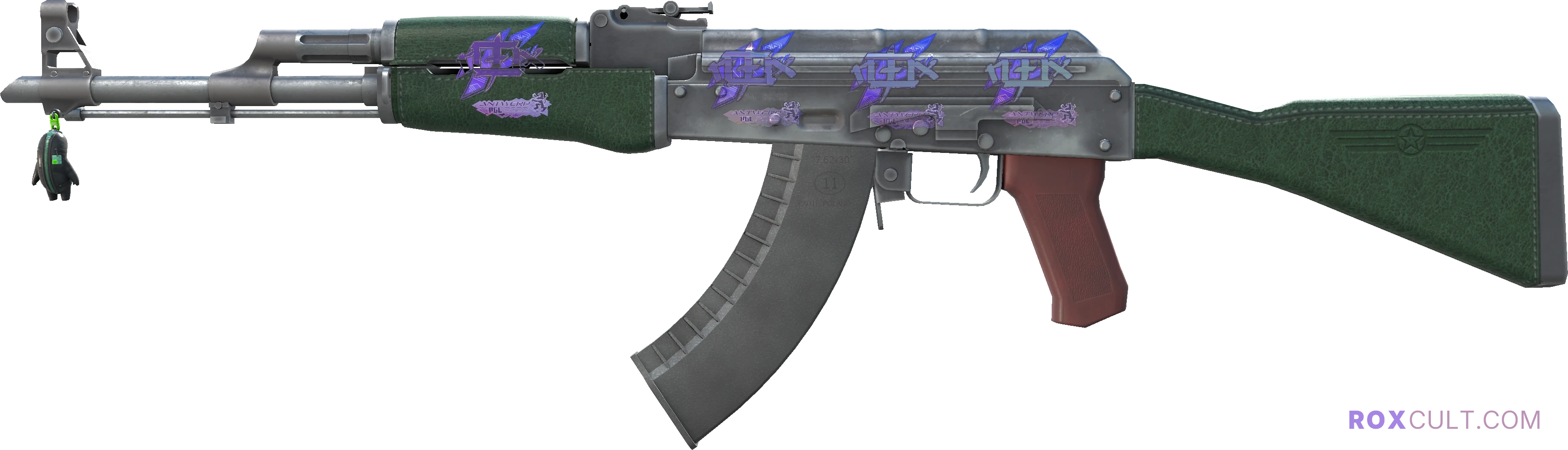 AK-47 | First Class (Minimal Wear) — rox (Holo) Antwerp 2022 craft, playside view with 4 rox (Holo) stickers