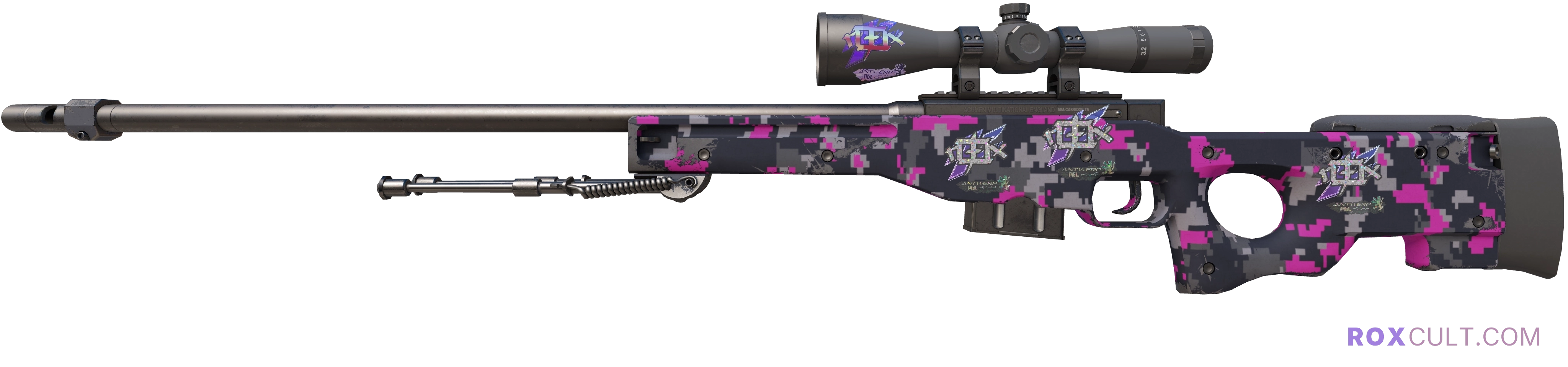 AWP | Pink DDPAT (Minimal Wear) — rox (Holo) Antwerp 2022 craft, playside view with 1 rox (Holo) sticker