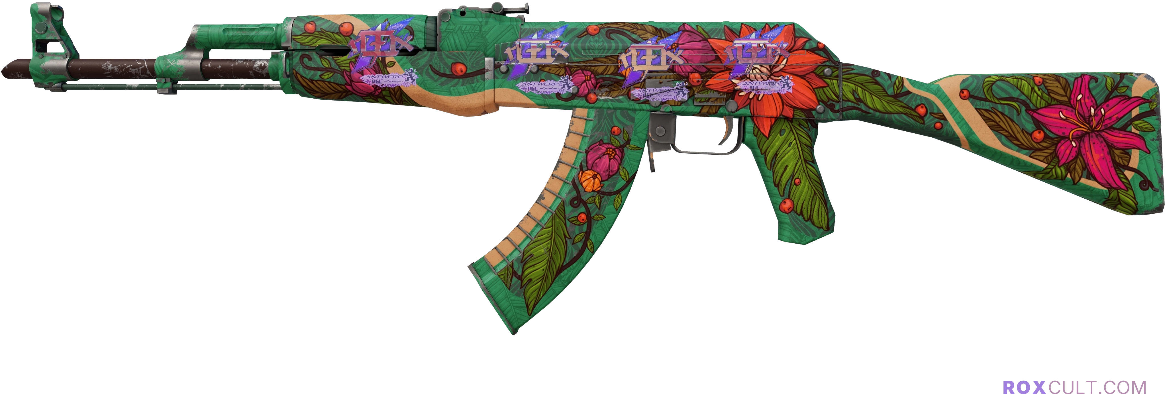 AK-47 | Wild Lotus (Well-Worn) — rox (Holo) Antwerp 2022 craft, playside view with 4 rox (Holo) stickers