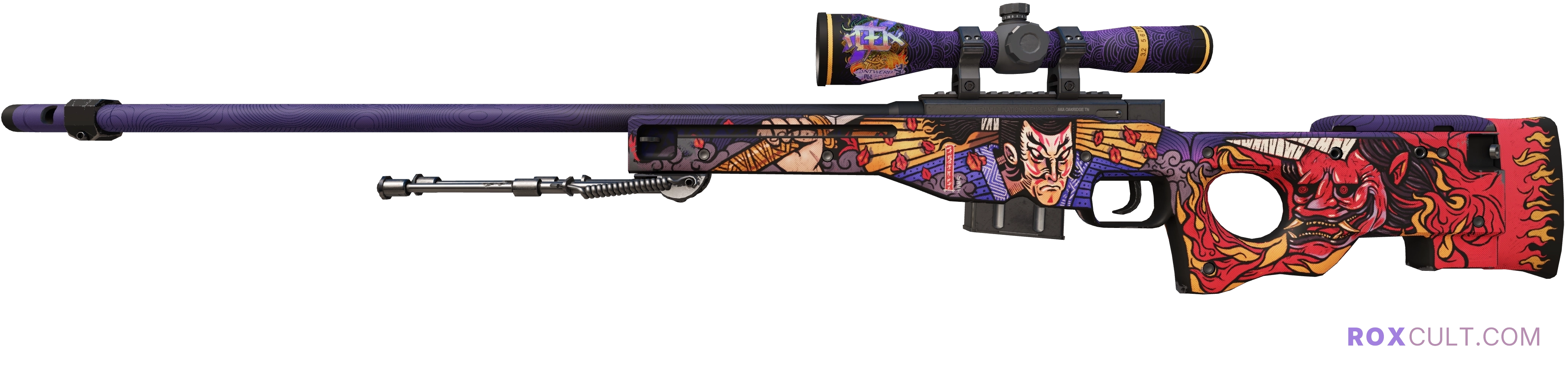AWP | Oni Taiji (Minimal Wear) — rox (Holo) Antwerp 2022 craft, playside view with 1 rox (Holo) sticker