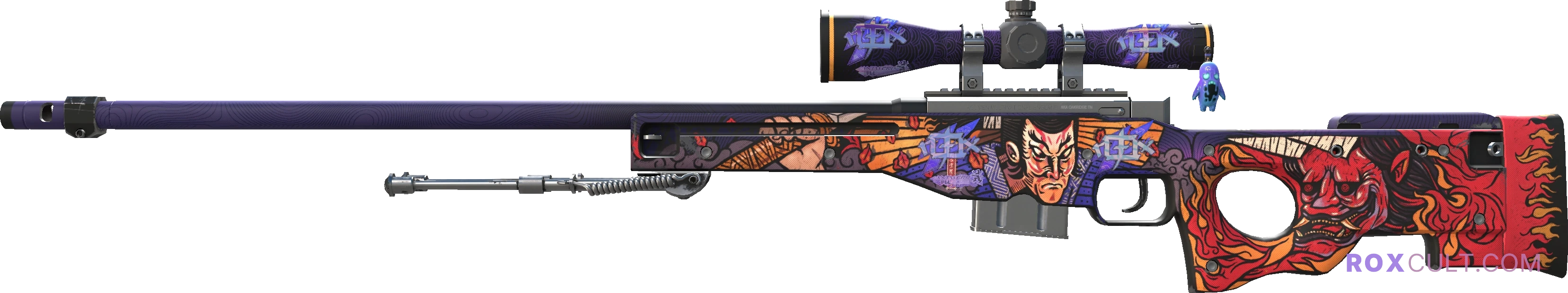 AWP | Oni Taiji (Minimal Wear) — rox (Holo) Antwerp 2022 craft, playside view with 4 rox (Holo) stickers