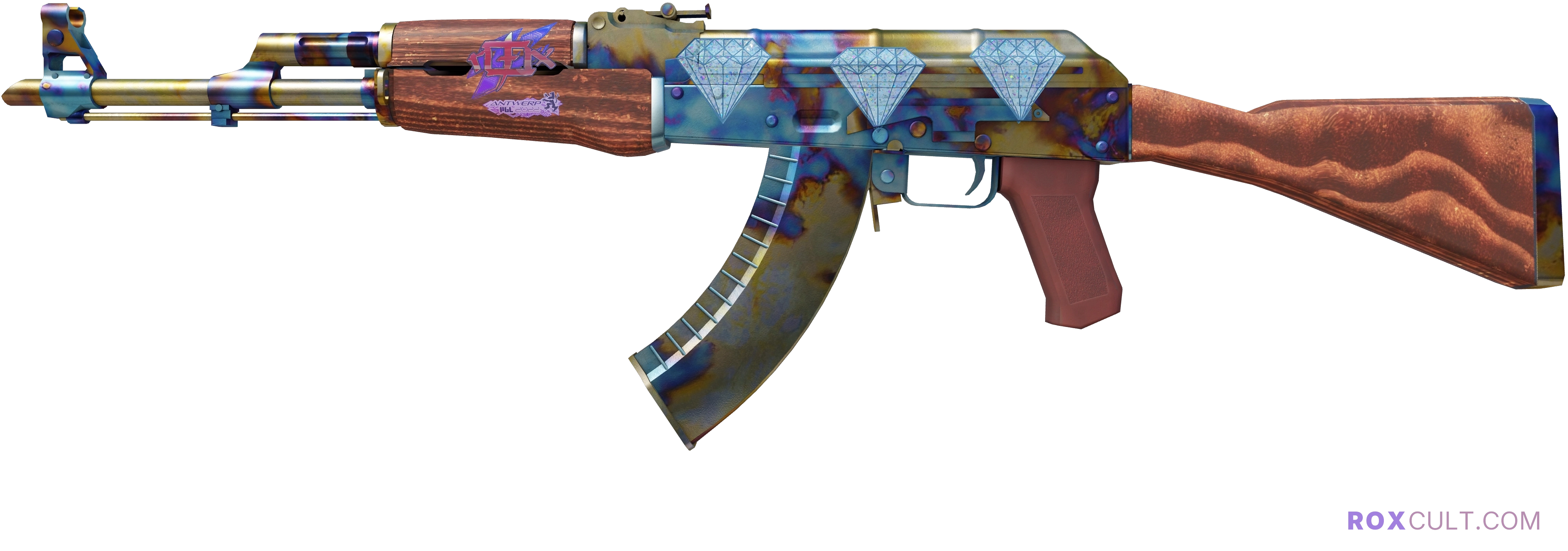 AK-47 | Case Hardened (Minimal Wear) — rox (Holo) Antwerp 2022 craft, playside view with 1 rox (Holo) sticker
