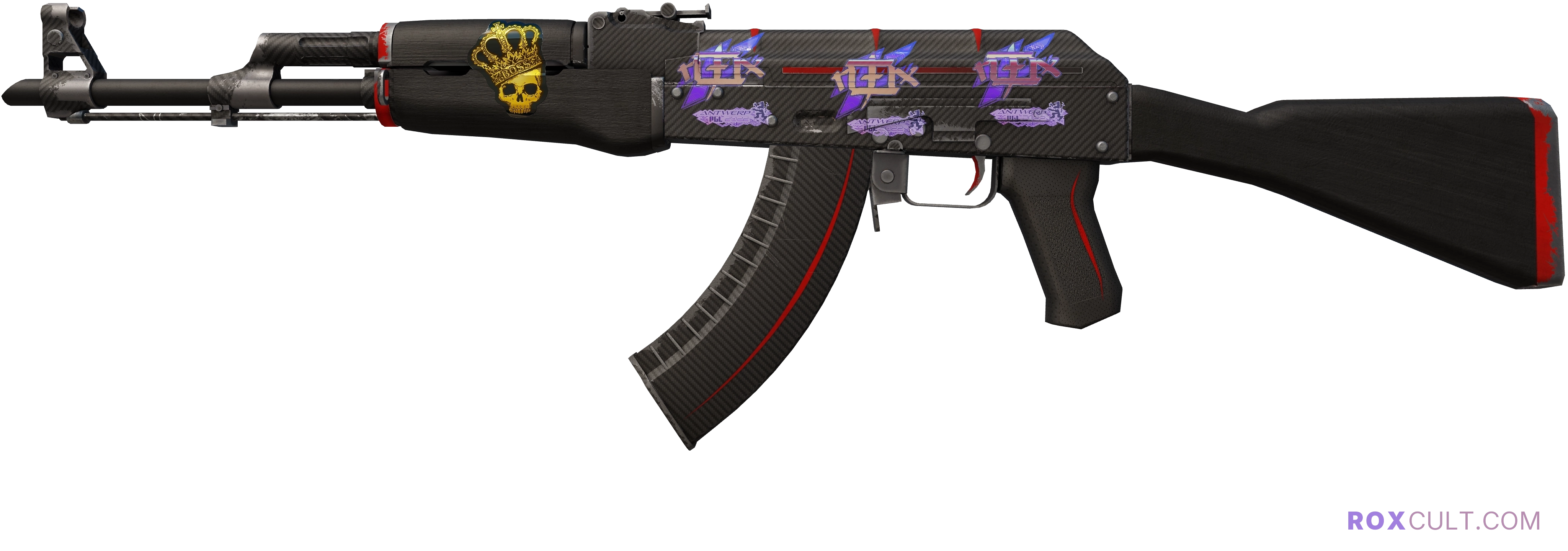 AK-47 | Redline (Field-Tested) — rox (Holo) Antwerp 2022 craft, playside view with 3 rox (Holo) stickers