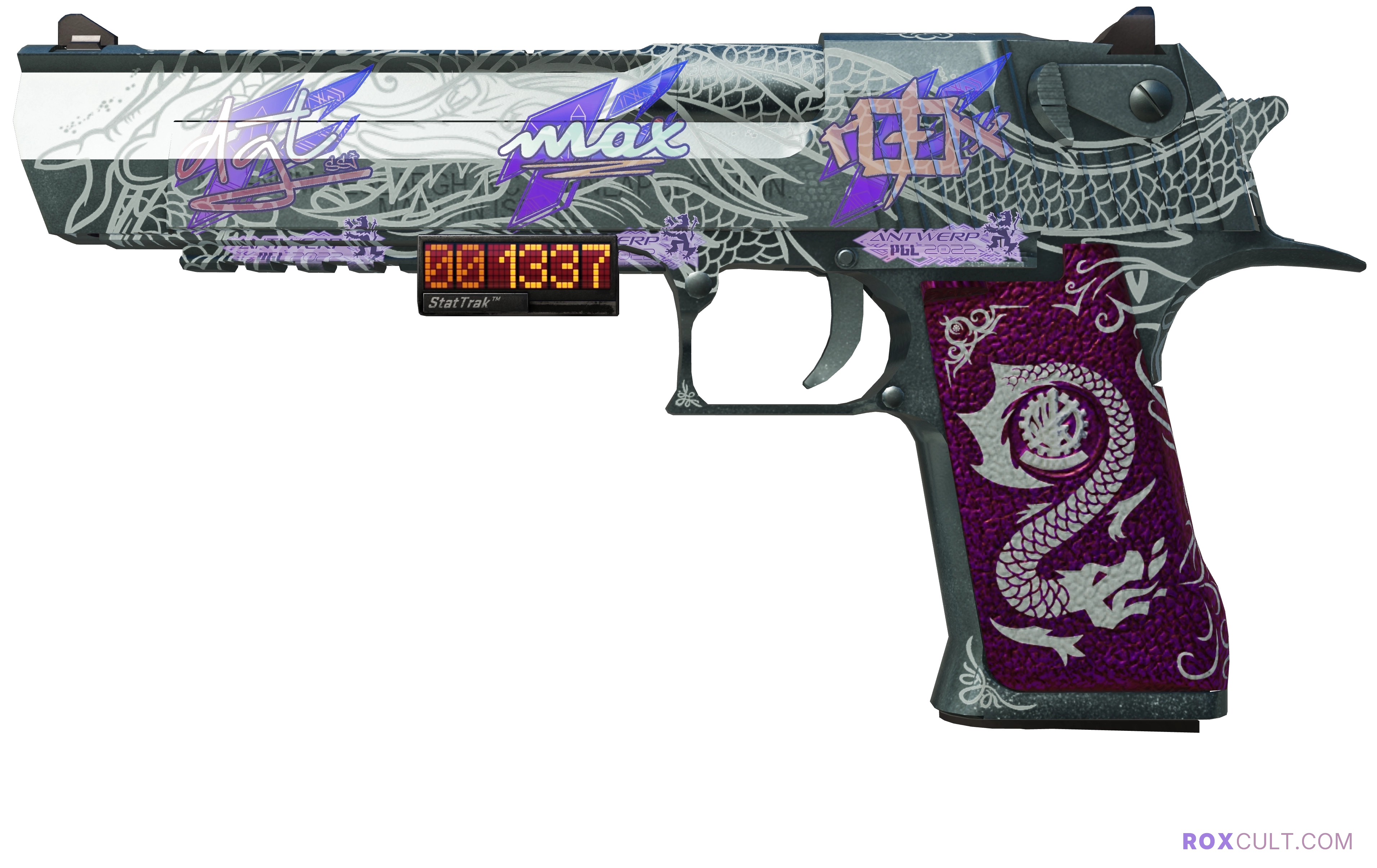 StatTrak™ Desert Eagle | Kumicho Dragon (Factory New) — rox (Holo) Antwerp 2022 craft, playside view with 1 rox (Holo) sticker