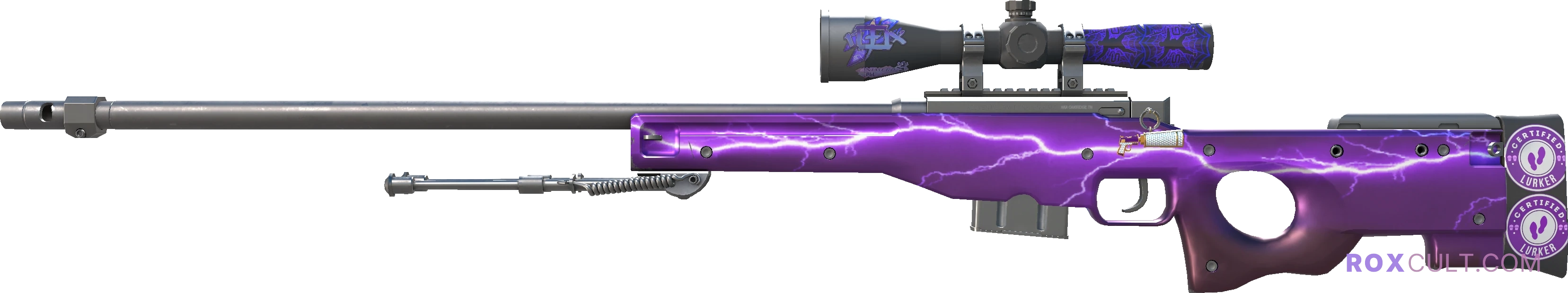 AWP | Lightning Strike (Factory New) — rox (Holo) Antwerp 2022 craft, playside view with 1 rox (Holo) sticker