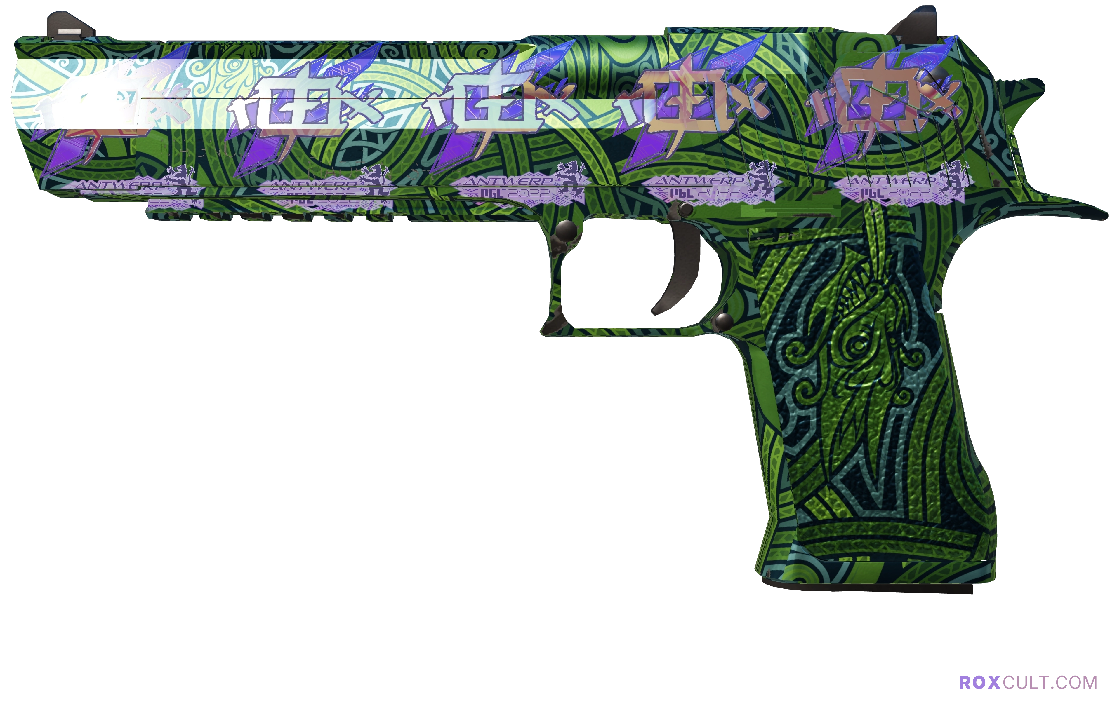 Desert Eagle | Emerald Jörmungandr (Factory New) — rox (Holo) Antwerp 2022 craft, playside view with 5 rox (Holo) stickers