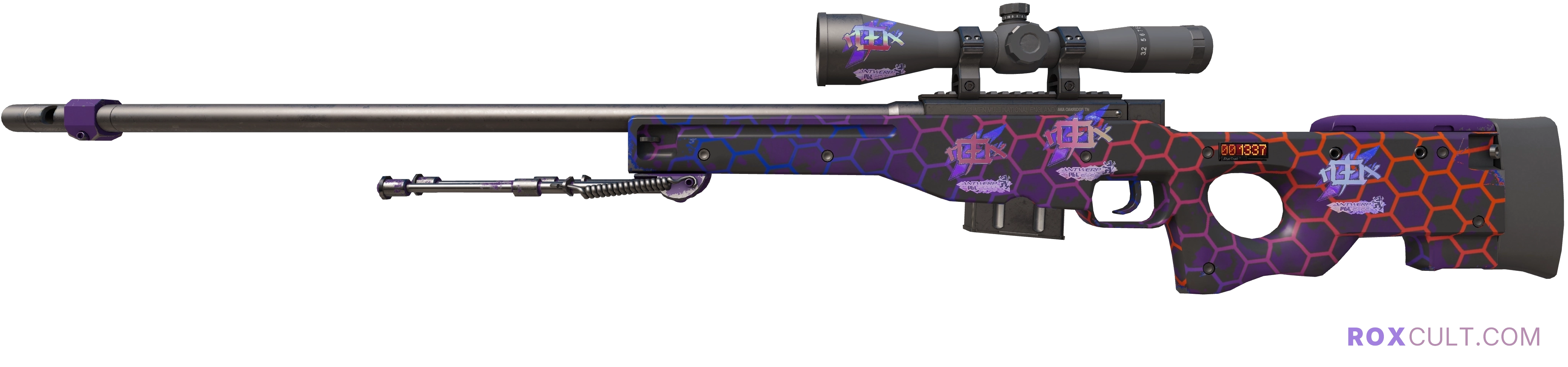 StatTrak™ AWP | Electric Hive (Factory New) — rox (Holo) Antwerp 2022 craft, playside view with 4 rox (Holo) stickers