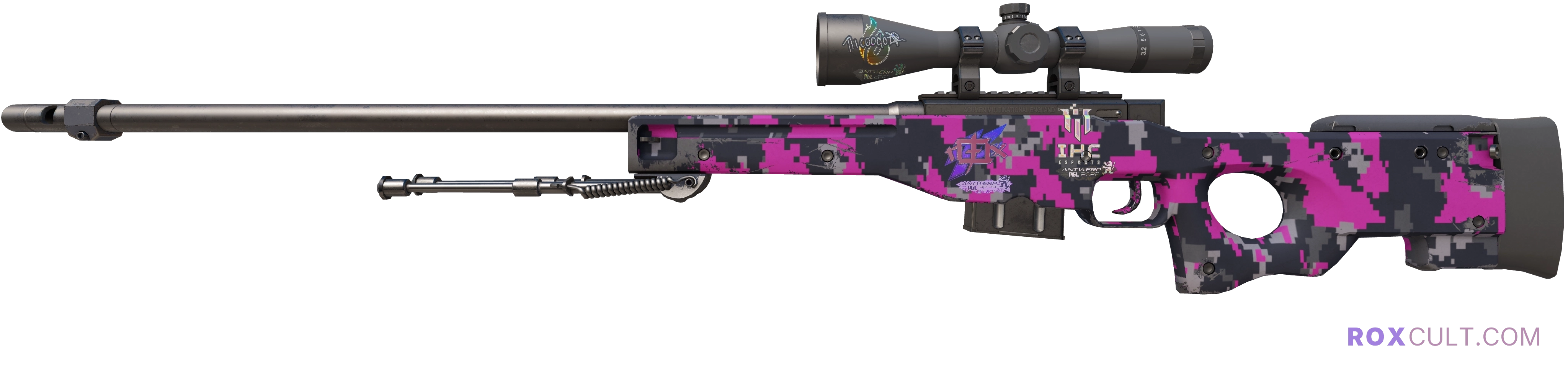 AWP | Pink DDPAT (Minimal Wear) — rox (Holo) Antwerp 2022 craft, playside view with 1 rox (Holo) sticker