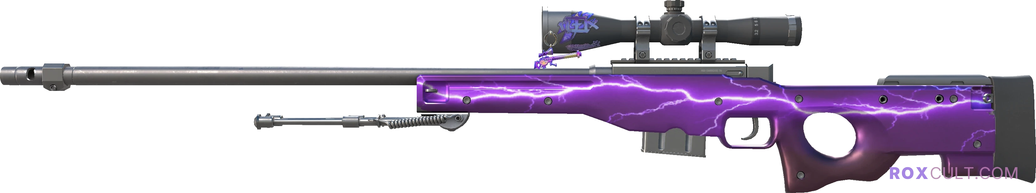 AWP | Lightning Strike (Factory New) — rox (Holo) Antwerp 2022 craft, playside view with 1 rox (Holo) sticker