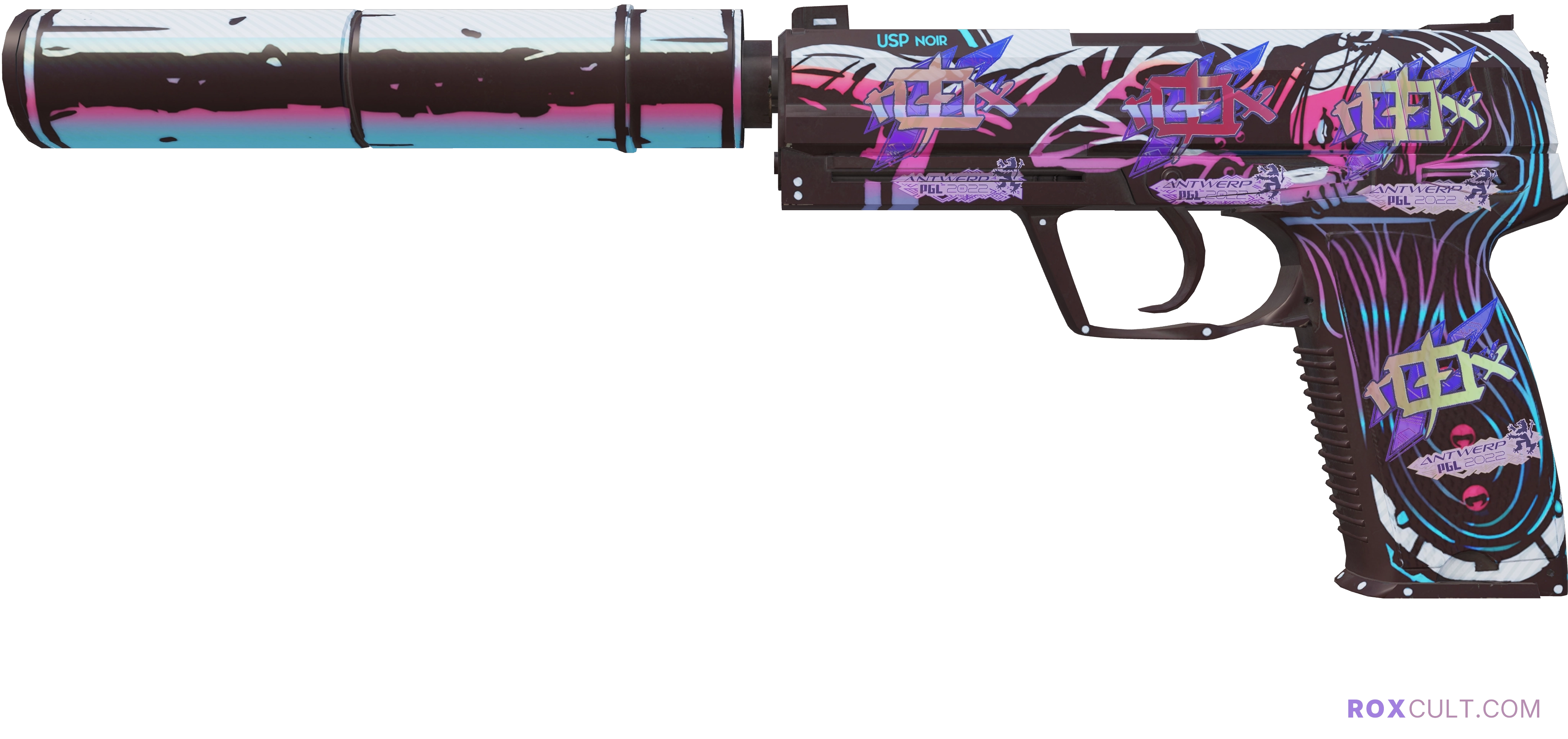 USP-S | Neo-Noir (Factory New) — rox (Holo) Antwerp 2022 craft, playside view with 4 rox (Holo) stickers