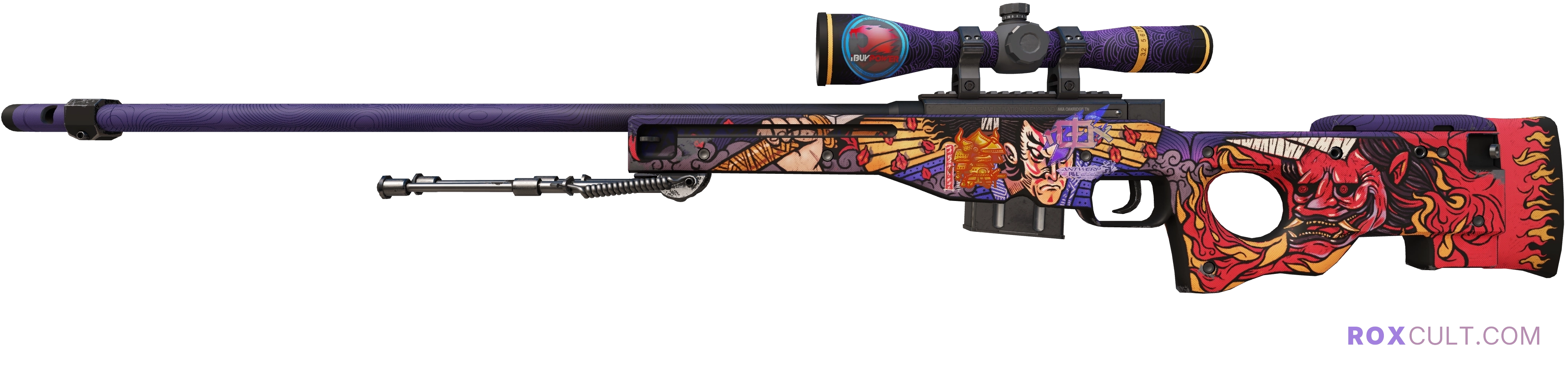 AWP | Oni Taiji (Minimal Wear) — rox (Holo) Antwerp 2022 craft, playside view with 1 rox (Holo) sticker