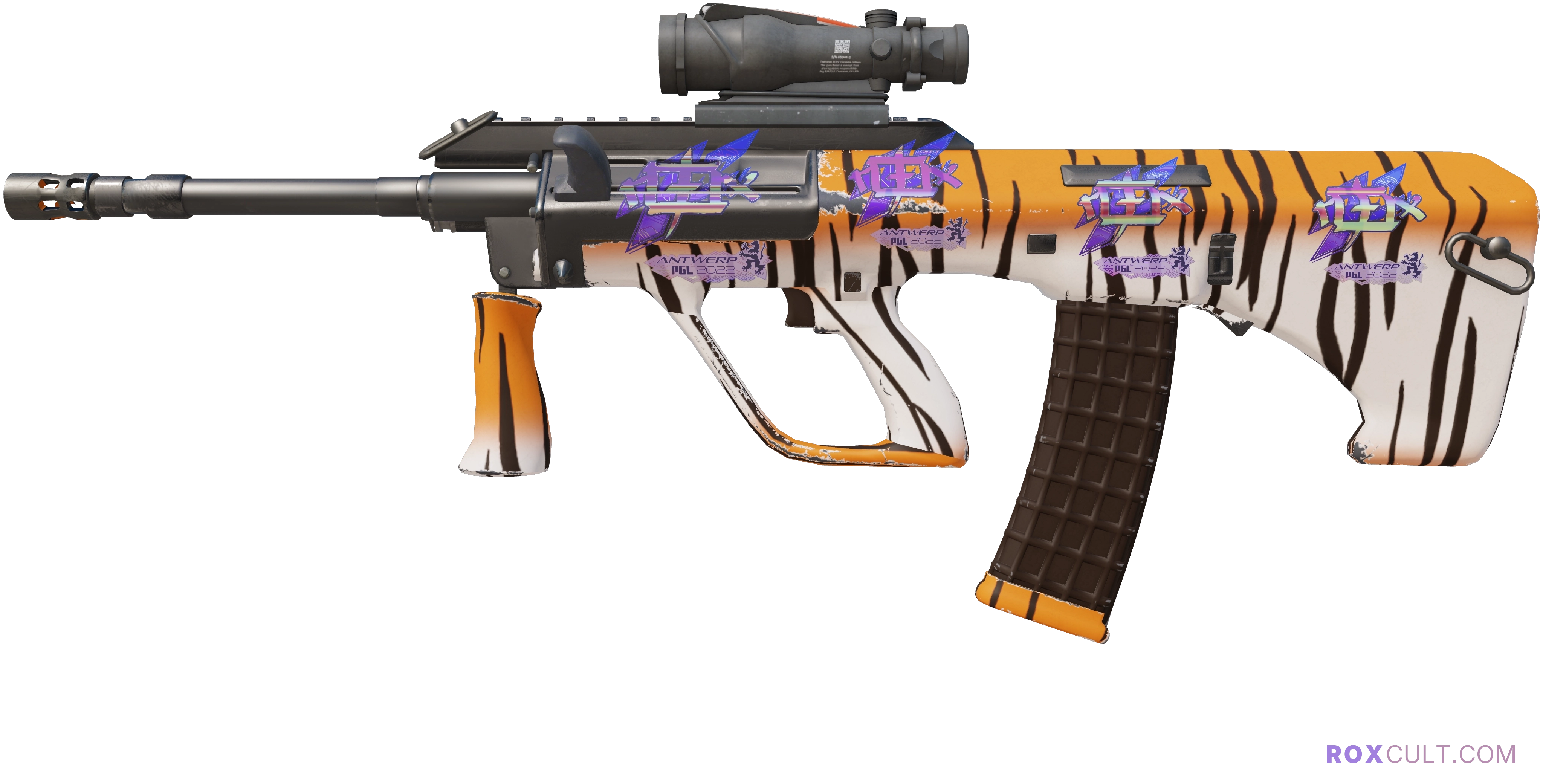 AUG | Bengal Tiger (Factory New) — rox (Holo) Antwerp 2022 craft, playside view with 4 rox (Holo) stickers
