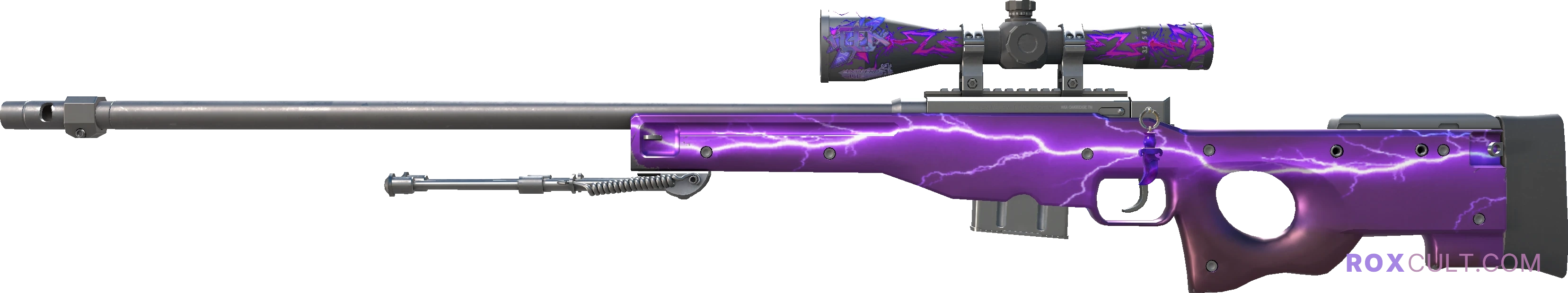 AWP | Lightning Strike (Factory New) — rox (Holo) Antwerp 2022 craft, playside view with 1 rox (Holo) sticker