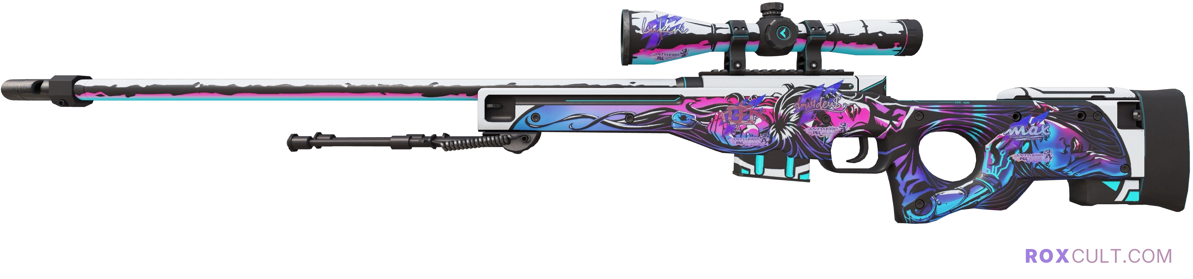 AWP | Neo-Noir (Factory New) — rox (Holo) Antwerp 2022 craft, playside view with 1 rox (Holo) sticker