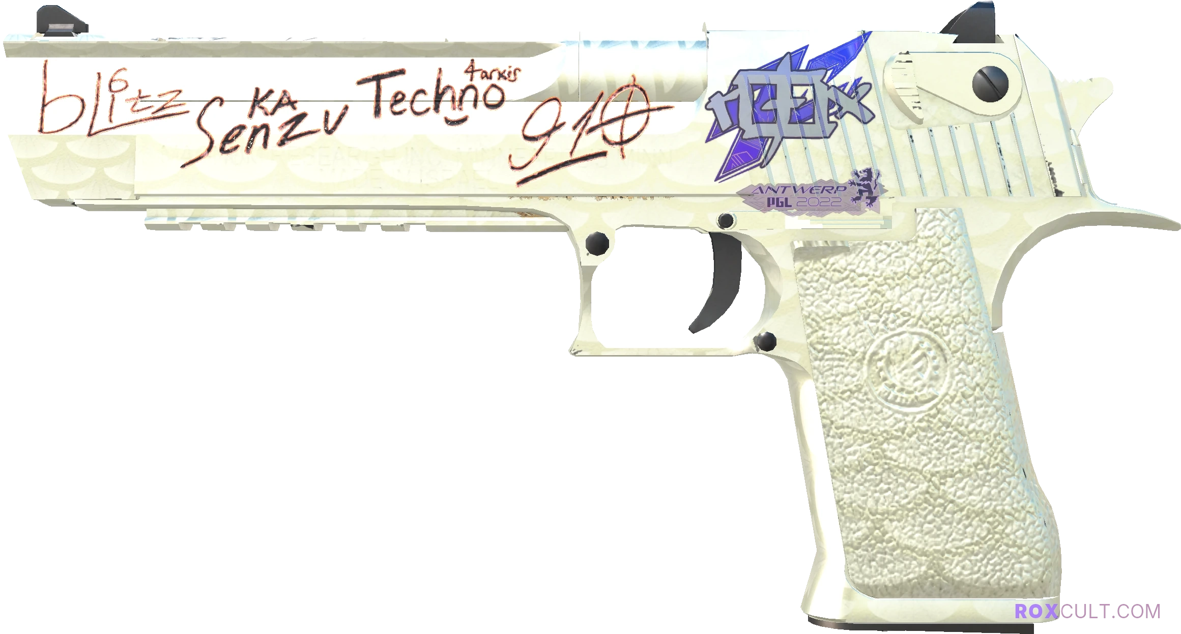 Desert Eagle | Golden Koi (Factory New) — rox (Holo) Antwerp 2022 craft, playside view with 1 rox (Holo) sticker