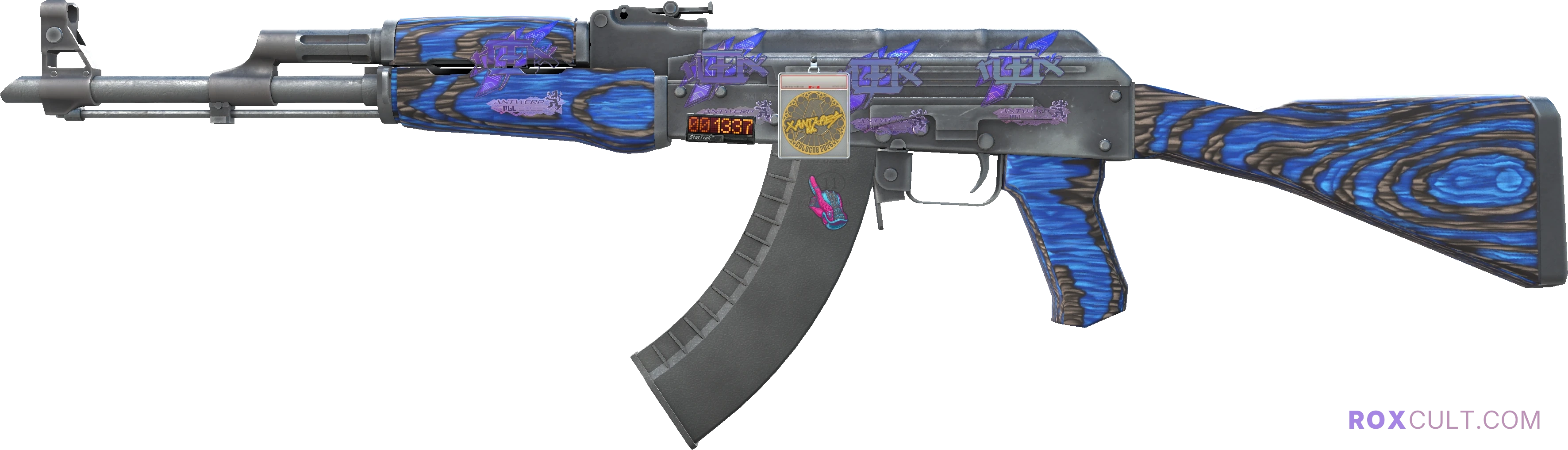 StatTrak™ AK-47 | Blue Laminate (Factory New) — rox (Holo) Antwerp 2022 craft, playside view with 4 rox (Holo) stickers