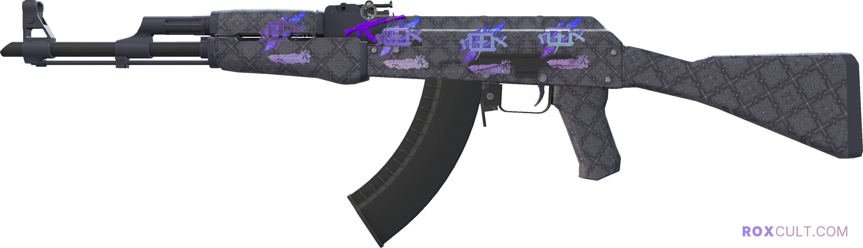 AK-47 | Baroque Purple (Factory New) — rox (Holo) Antwerp 2022 craft, playside view with 4 rox (Holo) stickers