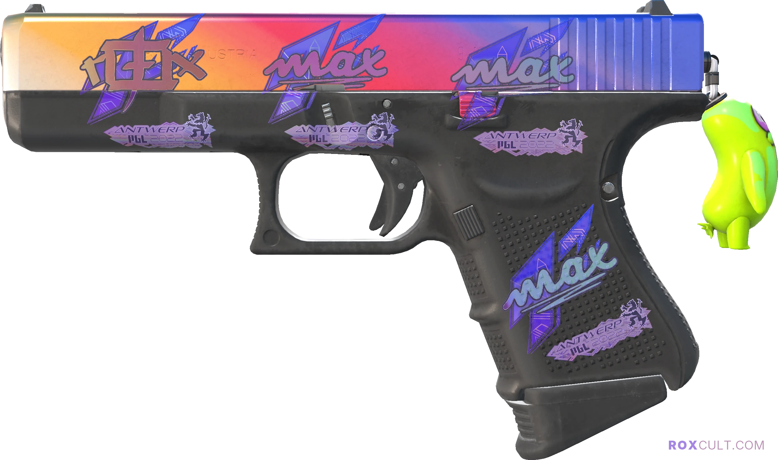 Glock-18 | Fade (Factory New) — rox (Holo) Antwerp 2022 craft, playside view with 1 rox (Holo) sticker