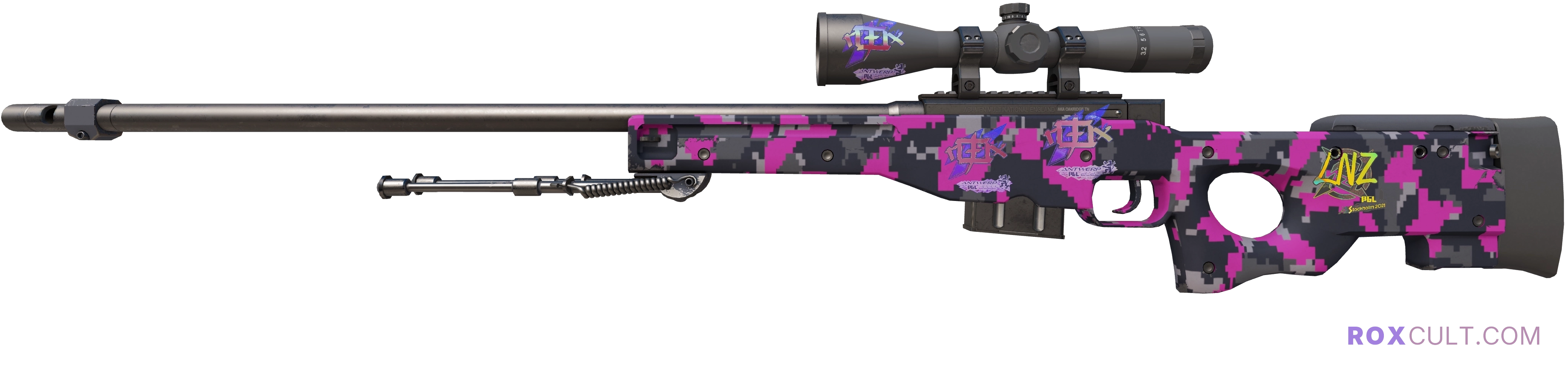 AWP | Pink DDPAT (Factory New) — rox (Holo) Antwerp 2022 craft, playside view with 3 rox (Holo) stickers