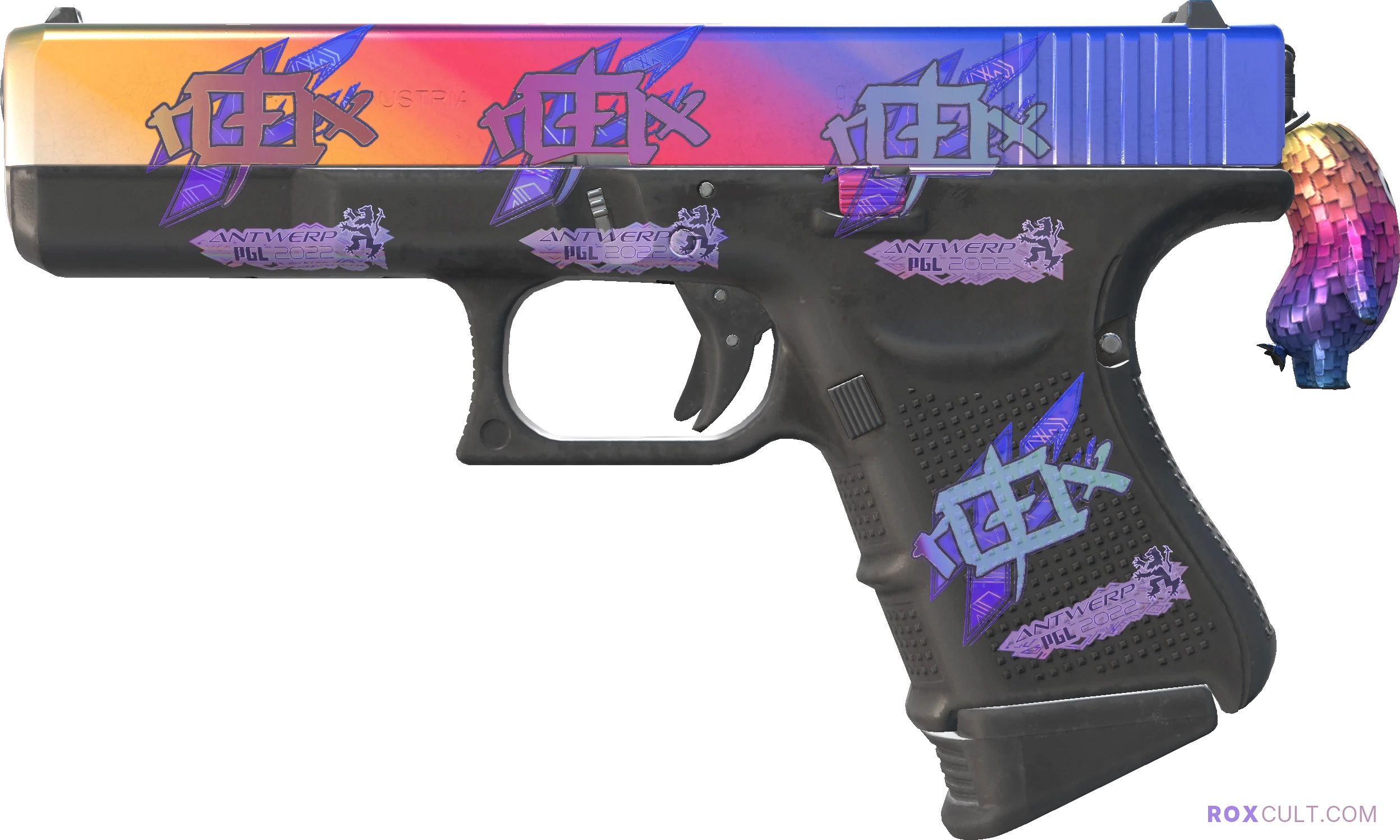 Glock-18 | Fade (Factory New) — rox (Holo) Antwerp 2022 craft, playside view with 4 rox (Holo) stickers
