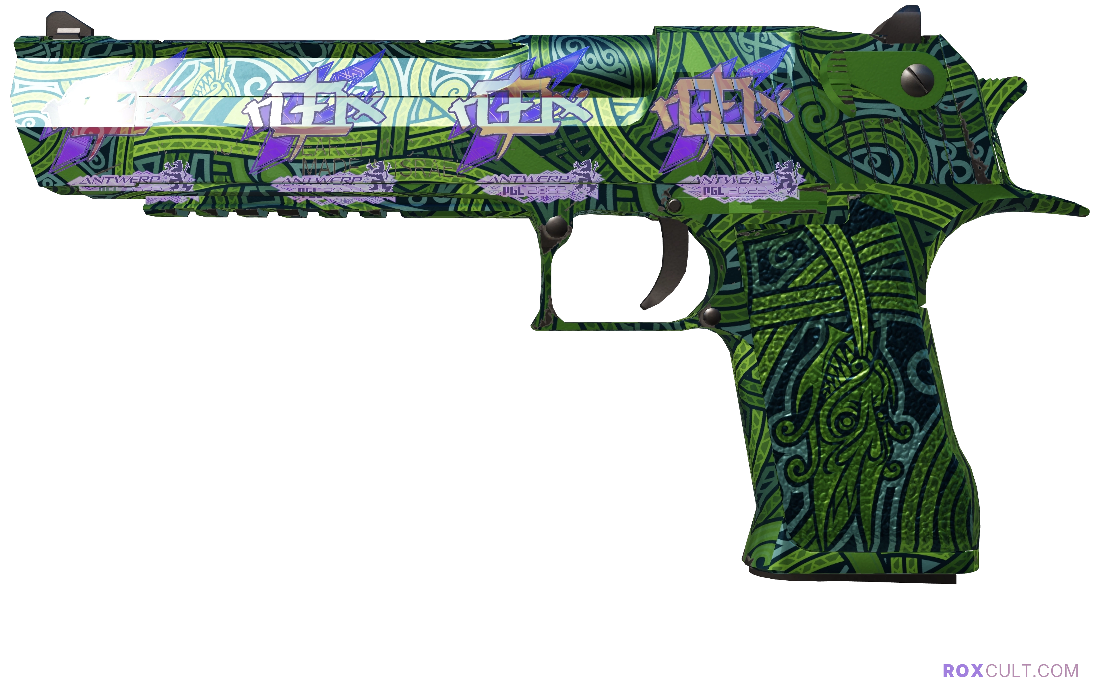 Desert Eagle | Emerald Jörmungandr (Factory New) — rox (Holo) Antwerp 2022 craft, playside view with 4 rox (Holo) stickers