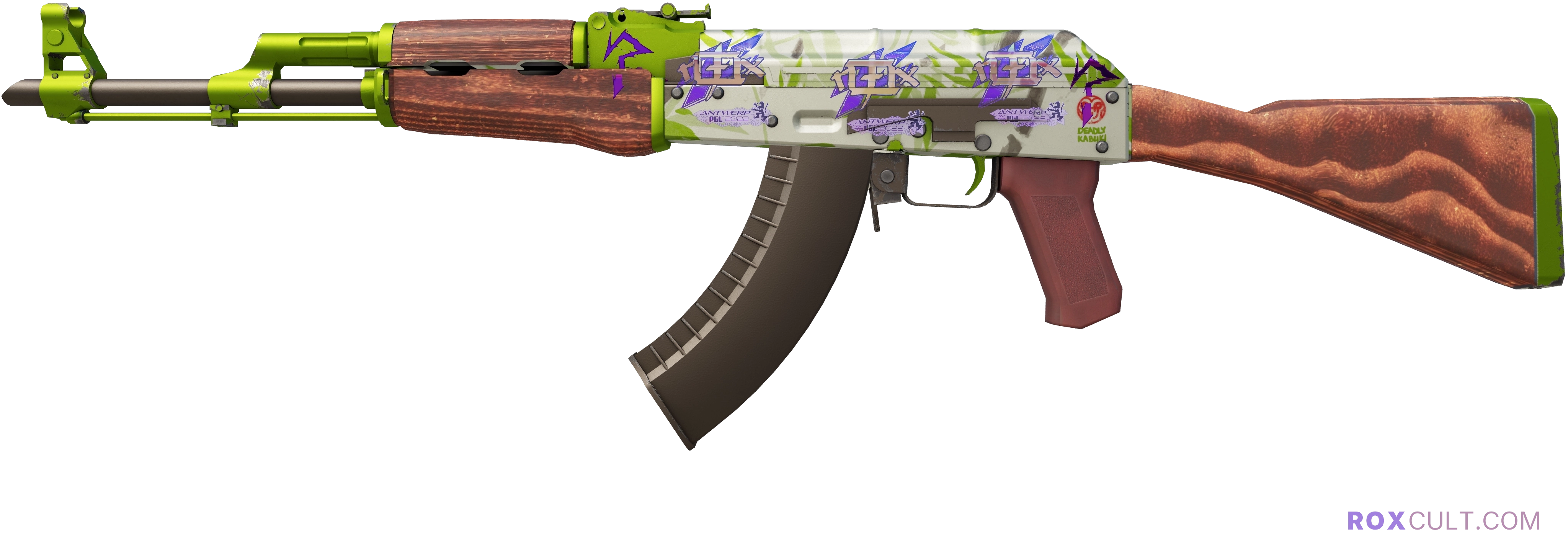 AK-47 | Hydroponic (Factory New) — rox (Holo) Antwerp 2022 craft, playside view with 3 rox (Holo) stickers