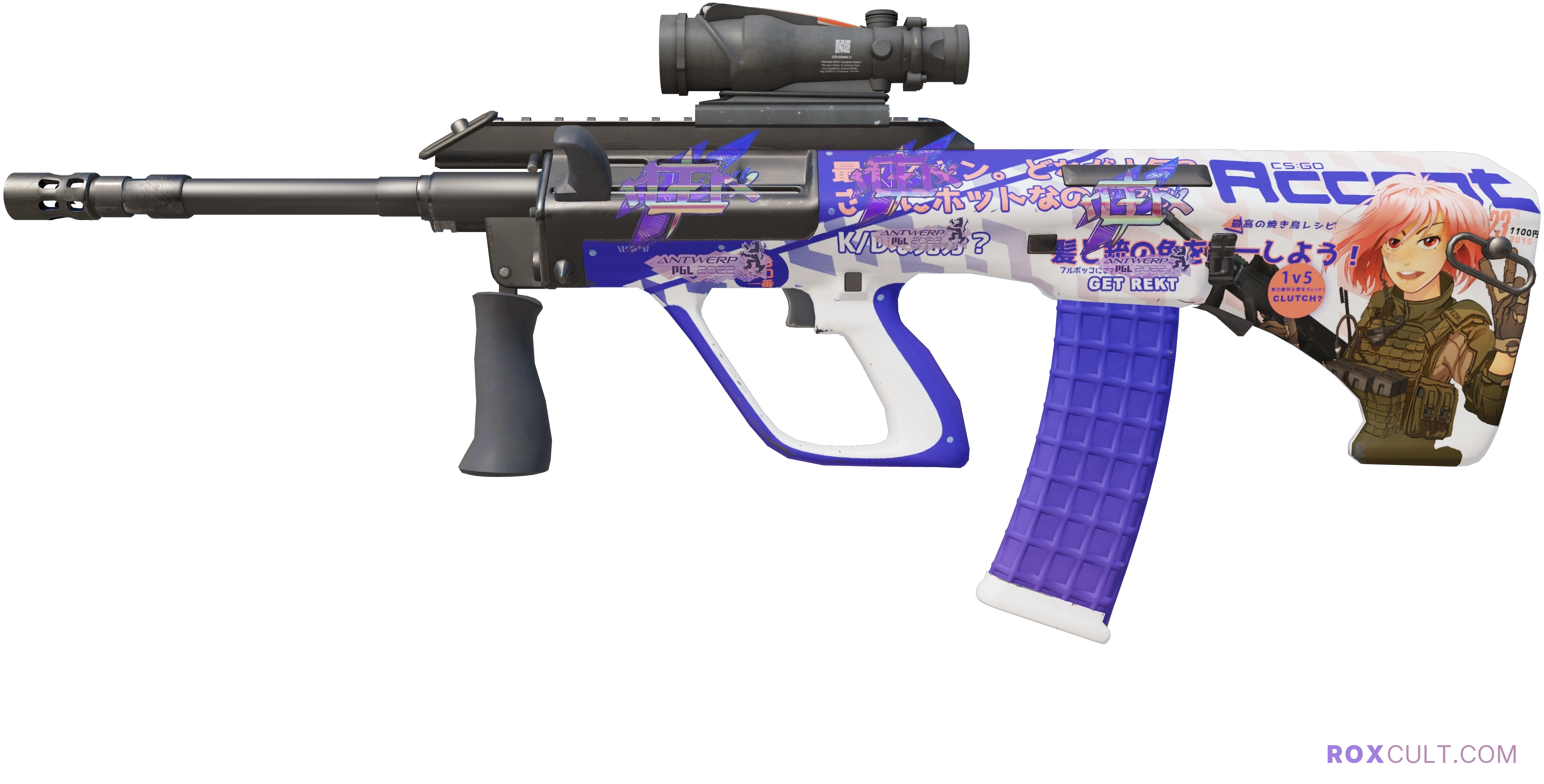 AUG | Akihabara Accept (Factory New) — rox (Holo) Antwerp 2022 craft, playside view with 3 rox (Holo) stickers